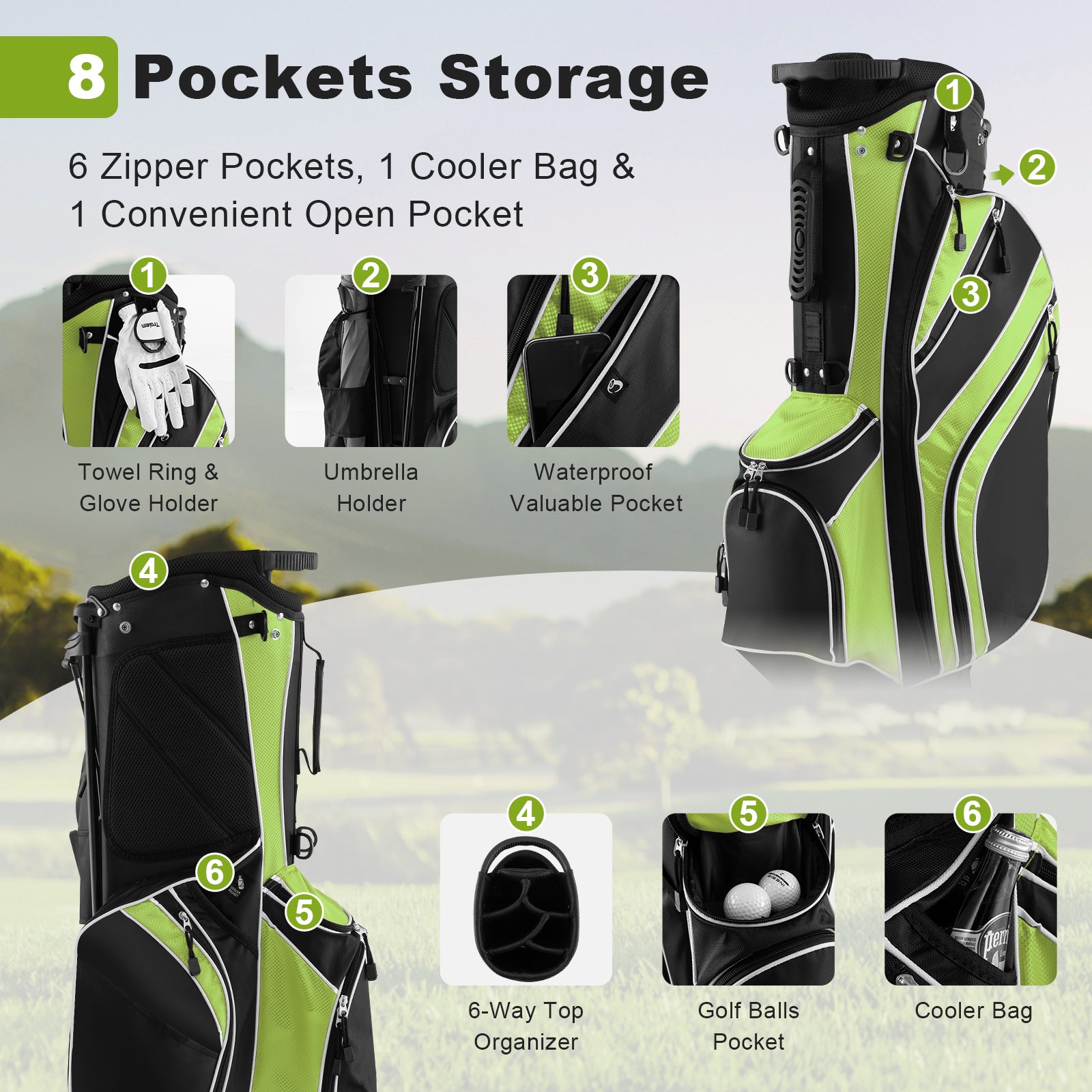 Golf Stand Cart Bag with 6 Way Divider Carry Pockets-GreenÂ