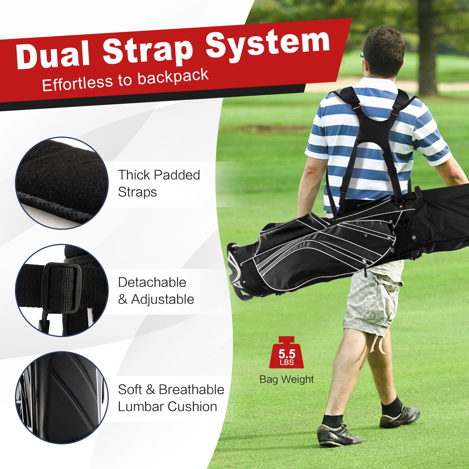 Golf Stand Cart Bag with 6 Way Divider Carry Pockets-BlackÂ