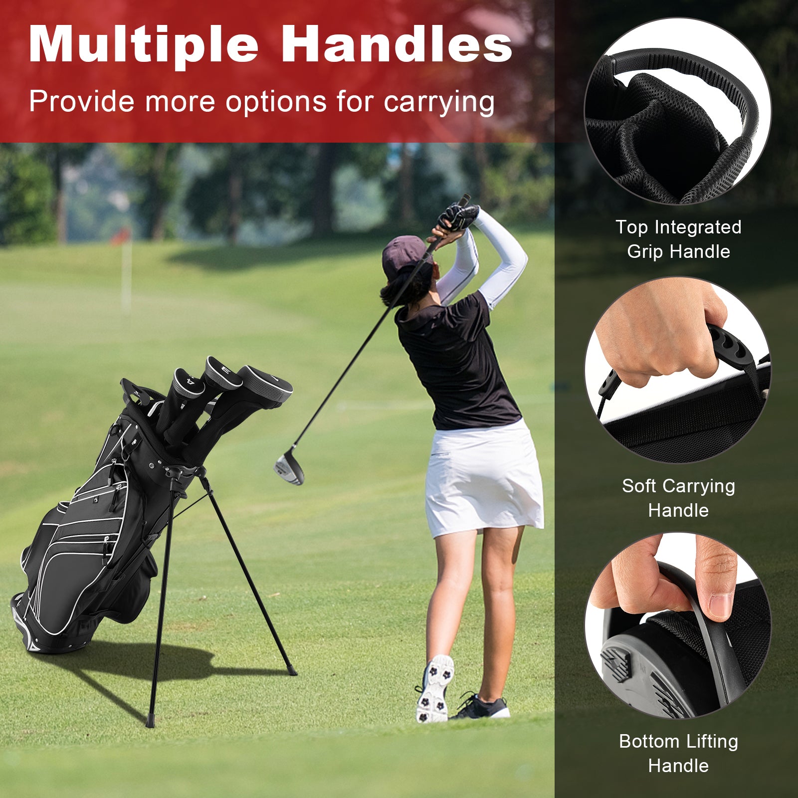 Golf Stand Cart Bag with 6 Way Divider Carry Pockets-BlackÂ