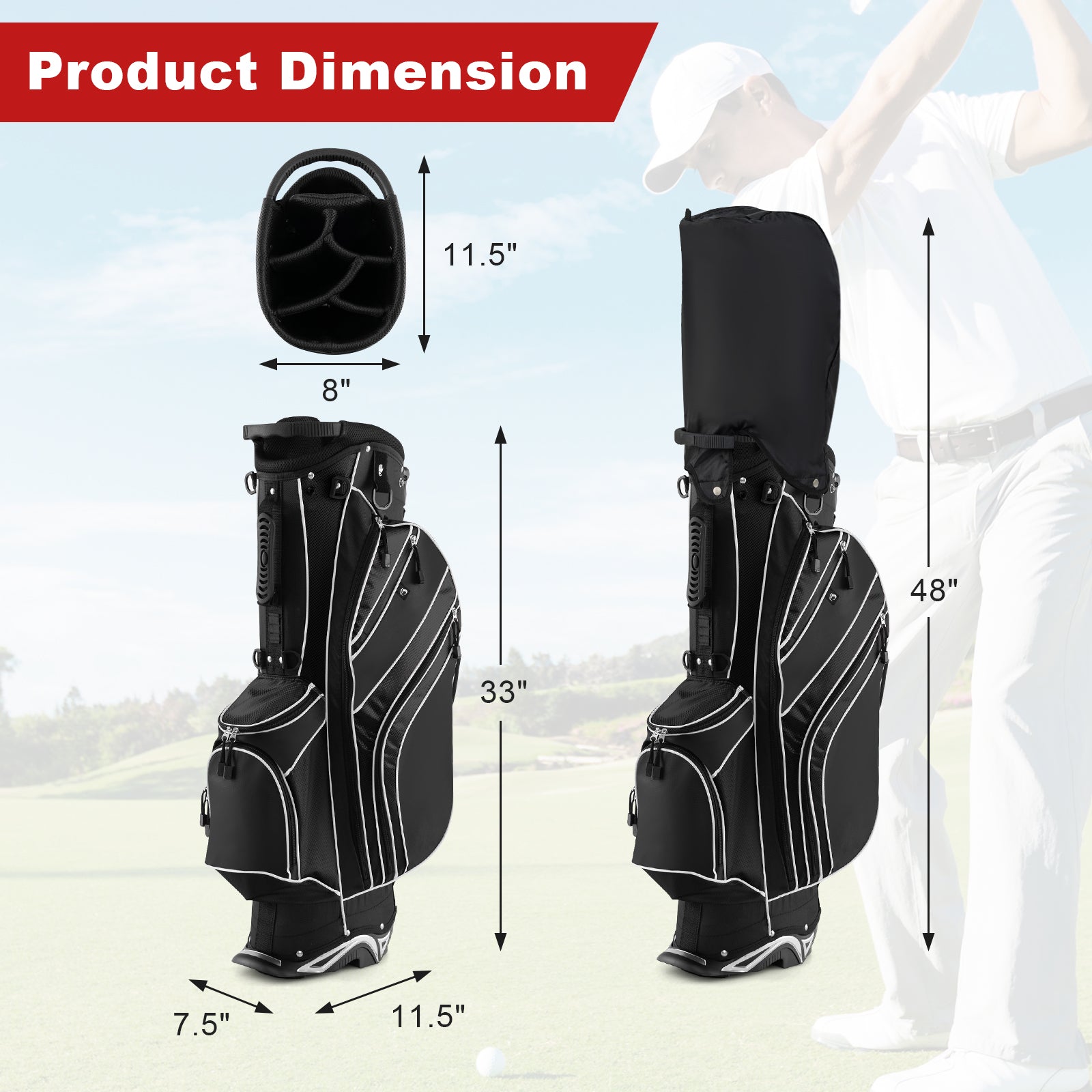 Golf Stand Cart Bag with 6 Way Divider Carry Pockets-BlackÂ
