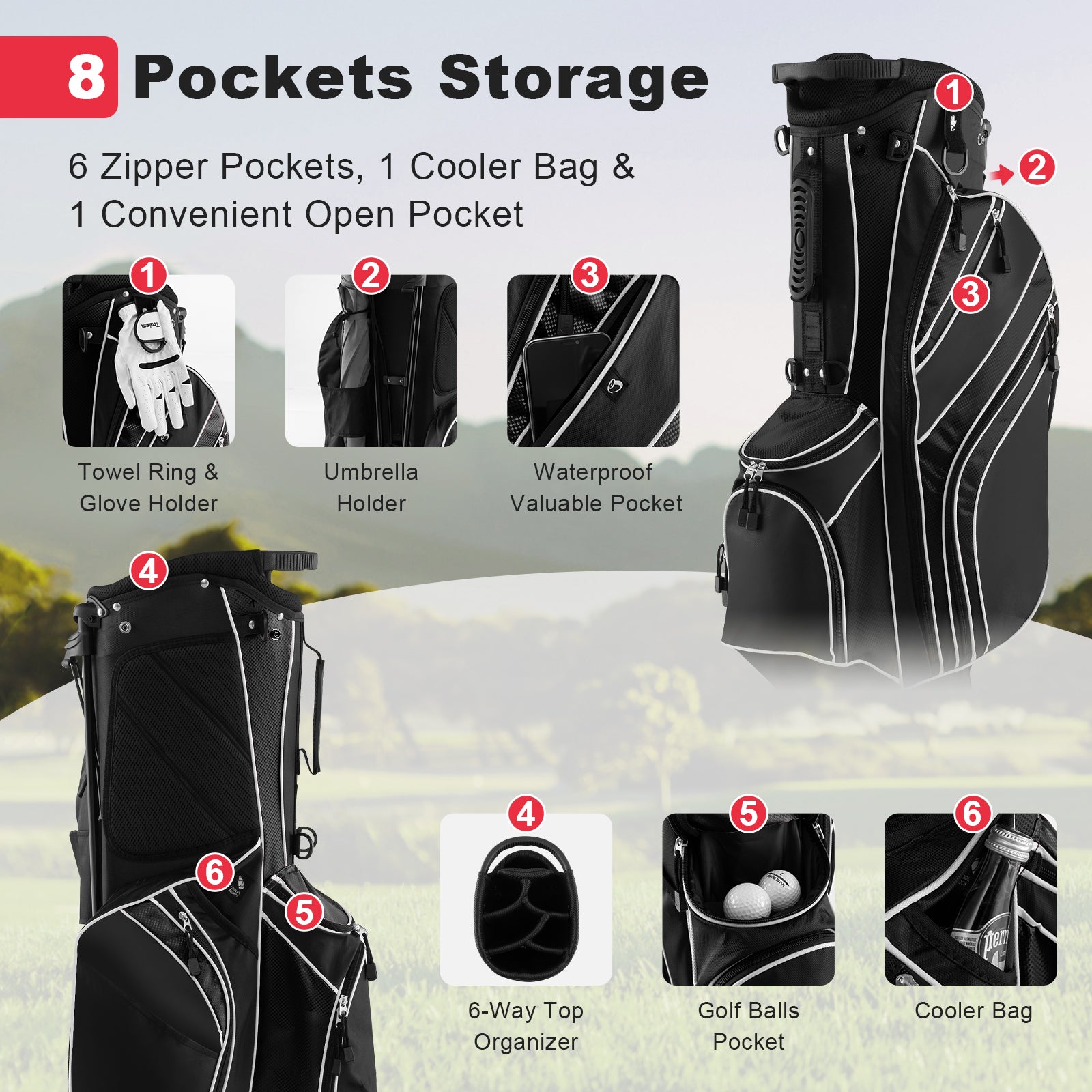 Golf Stand Cart Bag with 6 Way Divider Carry Pockets-BlackÂ