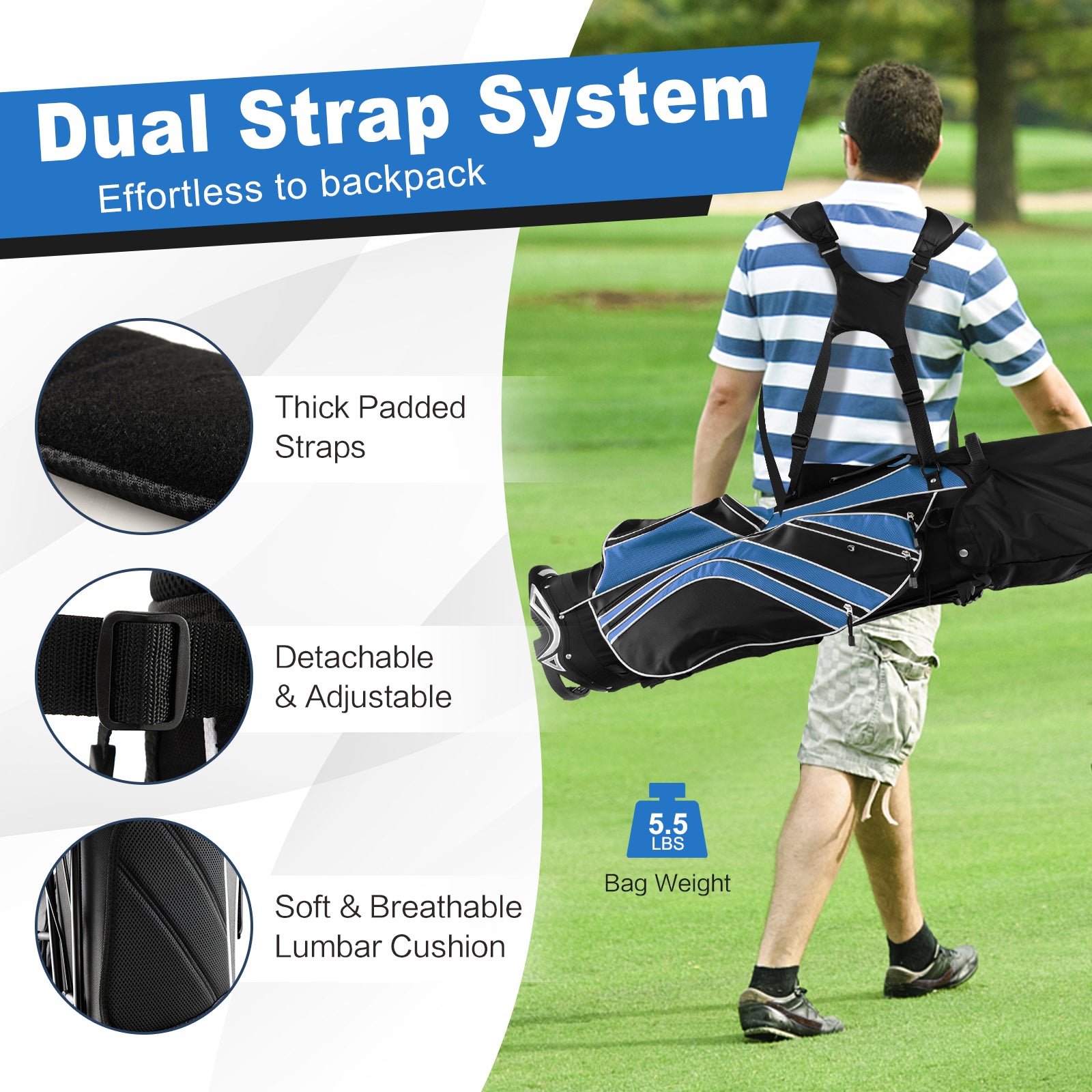 Golf Stand Cart Bag with 6-Way Divider Carry Pockets-BlueÂ