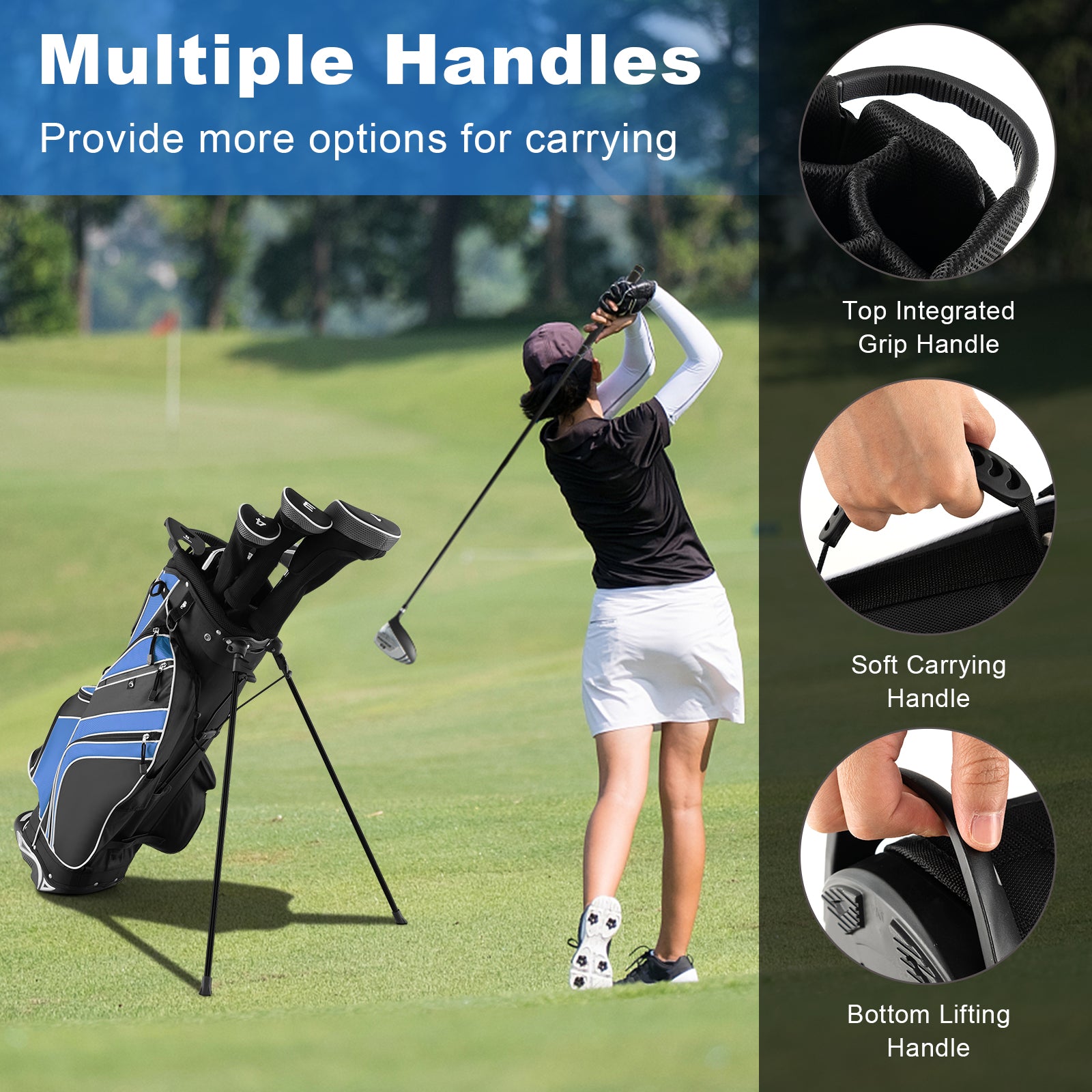 Golf Stand Cart Bag with 6-Way Divider Carry Pockets-BlueÂ