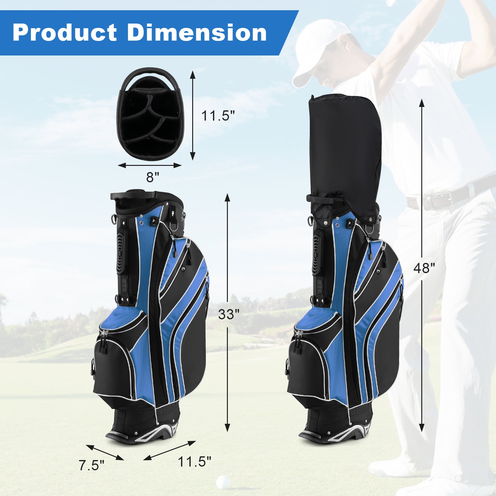 Golf Stand Cart Bag with 6-Way Divider Carry Pockets-BlueÂ