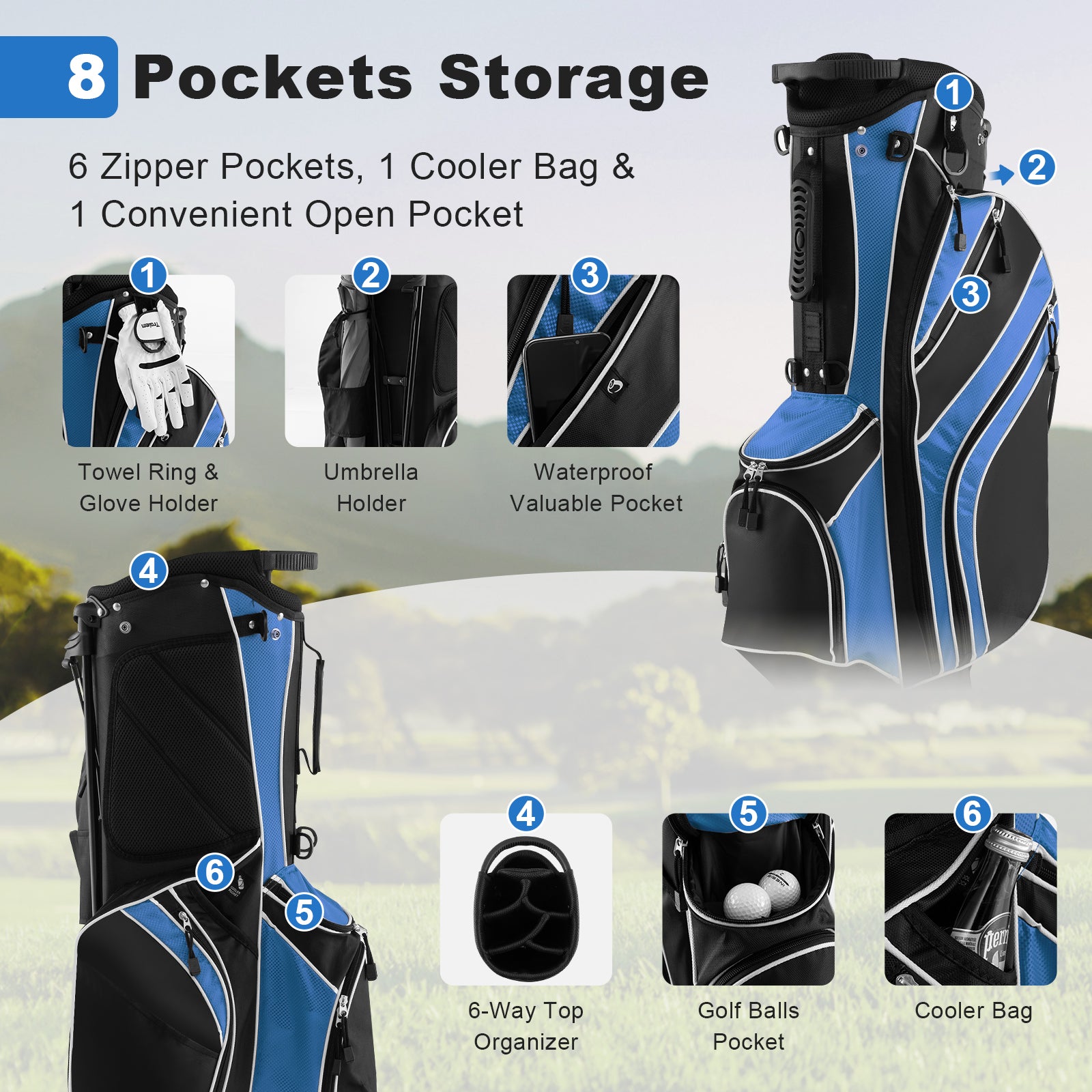 Golf Stand Cart Bag with 6-Way Divider Carry Pockets-BlueÂ
