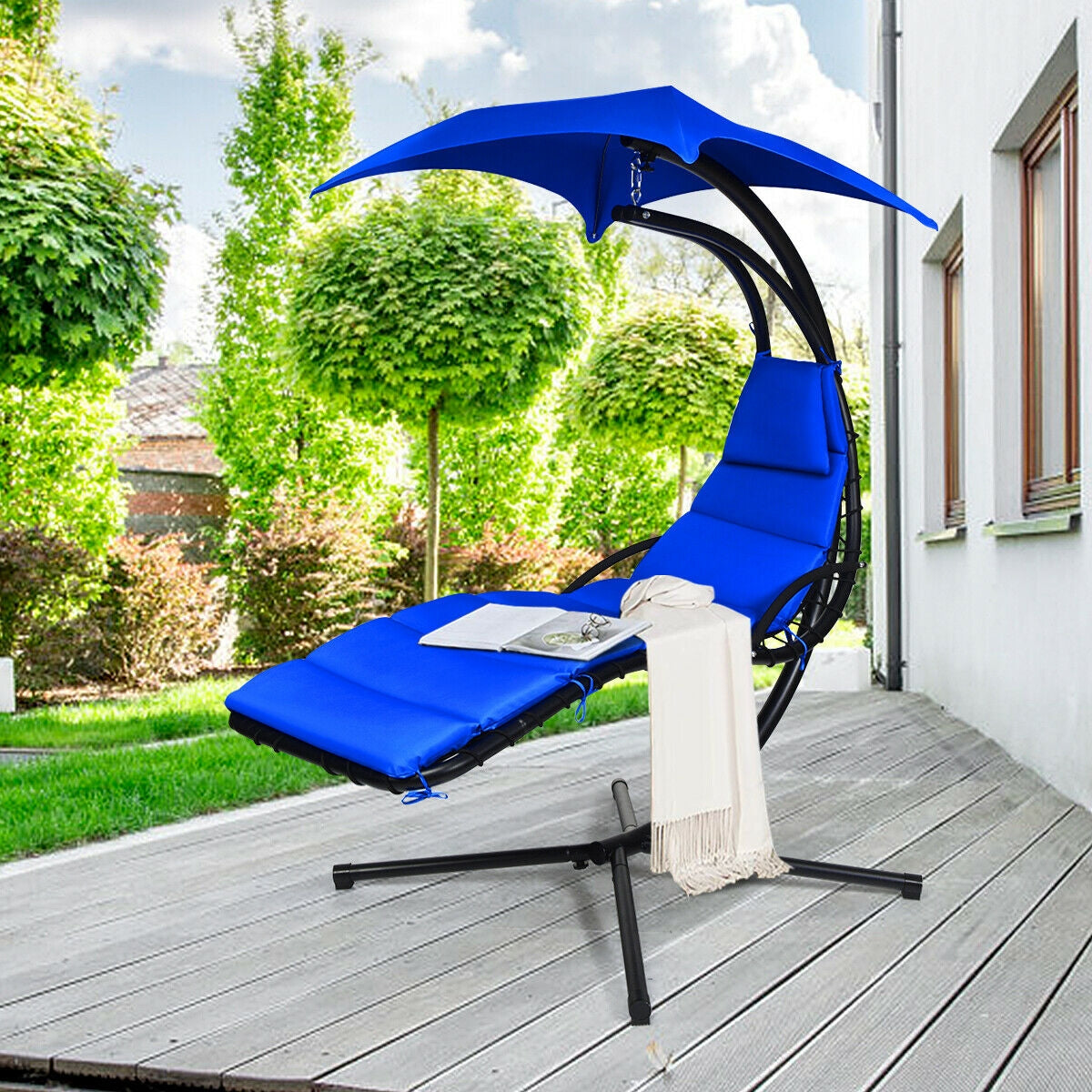 Hanging Stand Chaise Lounger Swing Chair with Pillow-NavyÂ