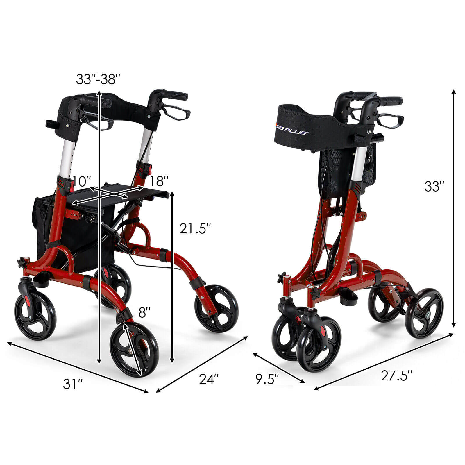 Folding Aluminum Rollator Walker with 8 inch Wheels and Seat-Red