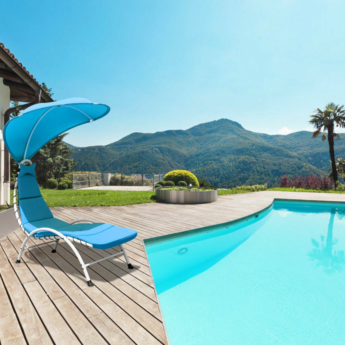 Patio Hanging Swing Hammock Chaise Lounger Chair with Canopy-BlueÂ