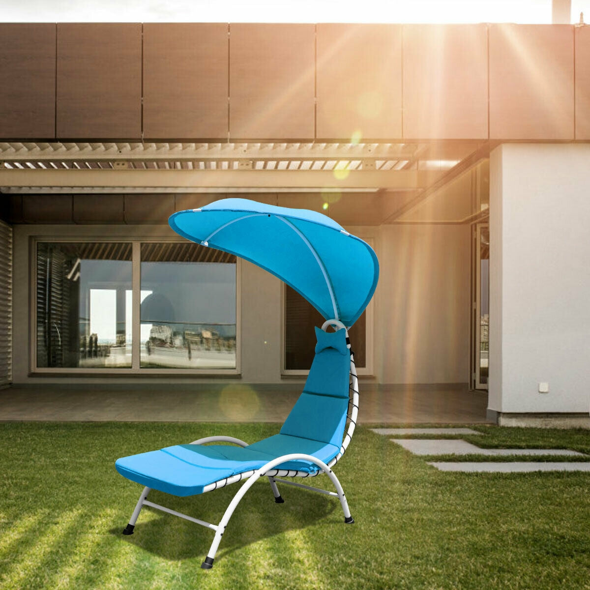 Patio Hanging Swing Hammock Chaise Lounger Chair with Canopy-BlueÂ