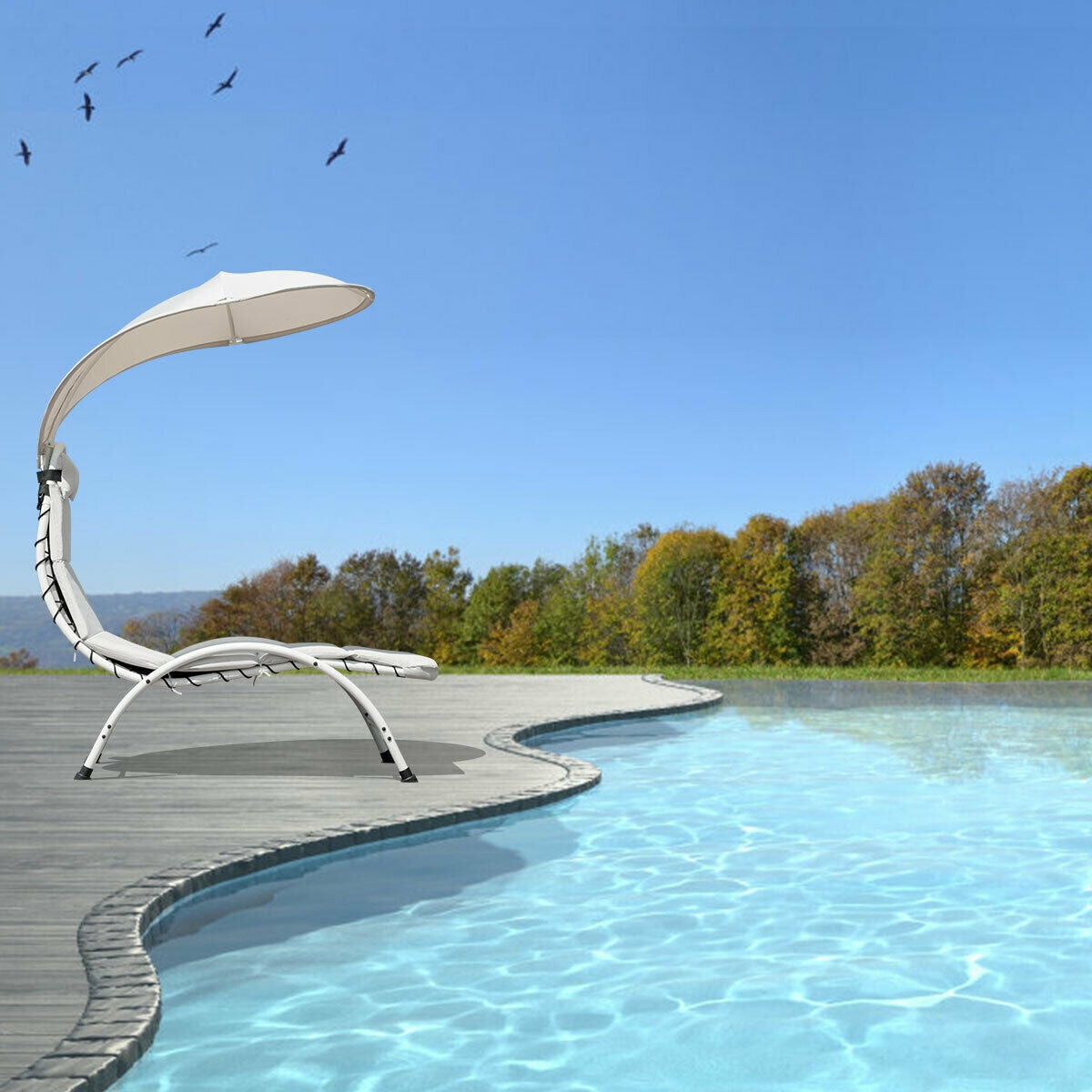 Patio Hanging Swing Hammock Chaise Lounger Chair with Canopy-BeigeÂ