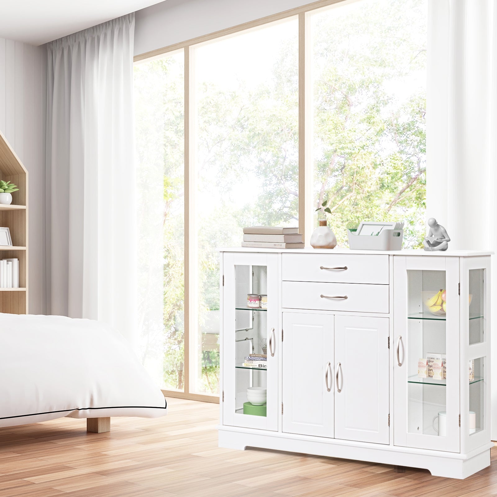 Sideboard Buffet Server Storage Cabinet with 2 Drawers and Glass Doors-WhiteÂ