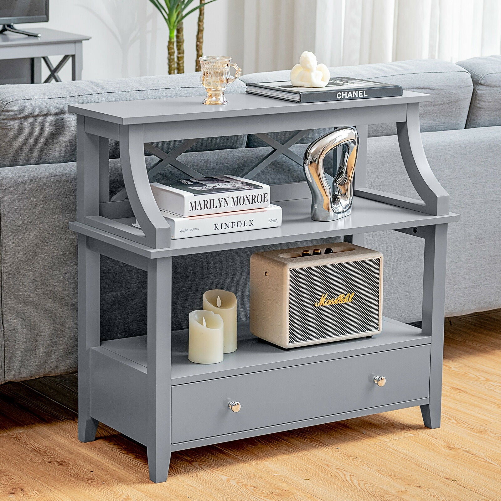 3-Tier Storage Rack End table Side Table with Slide Drawer-Gray