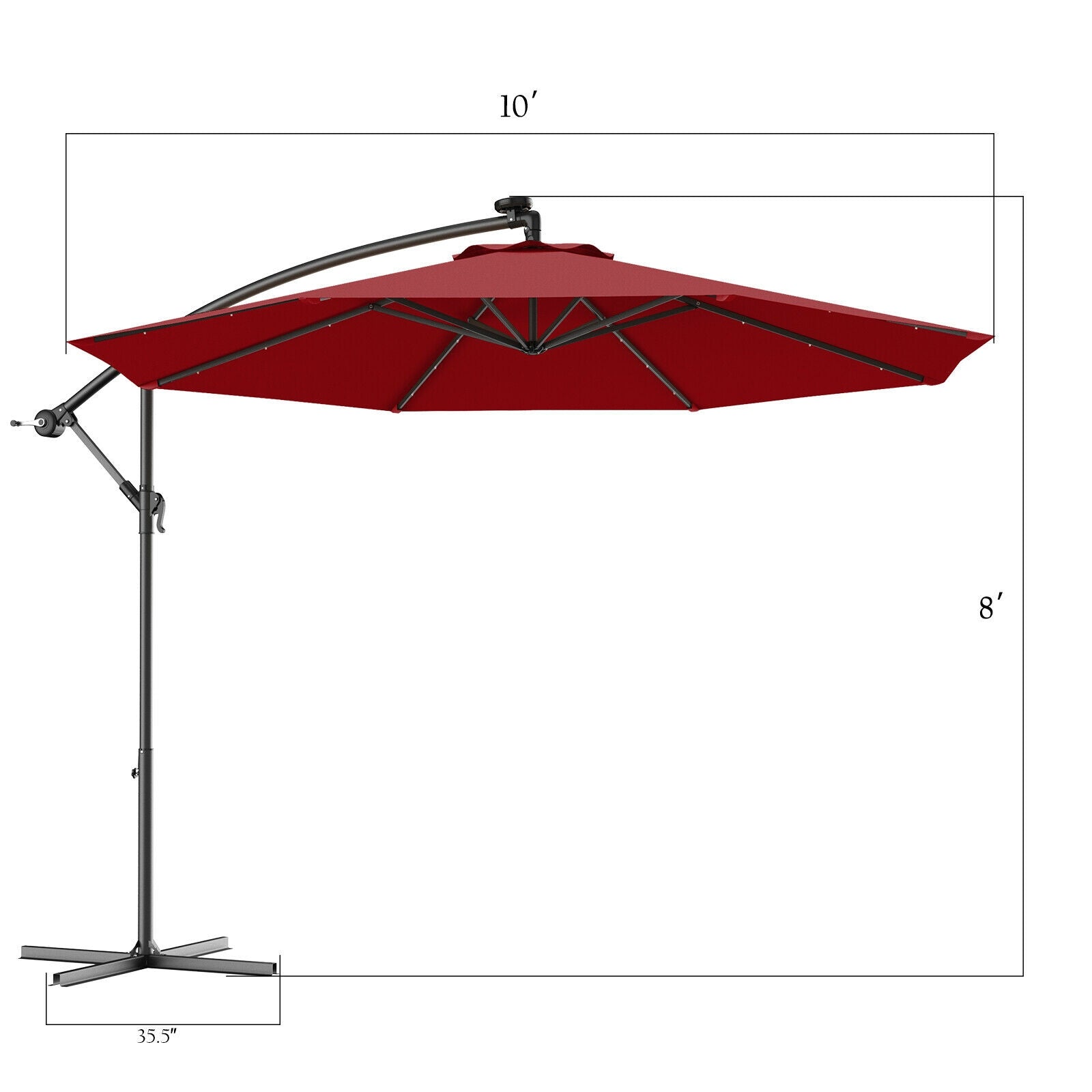 10 Feet Patio Hanging Solar LED Umbrella Sun Shade with Cross Base-BurgundyÂ