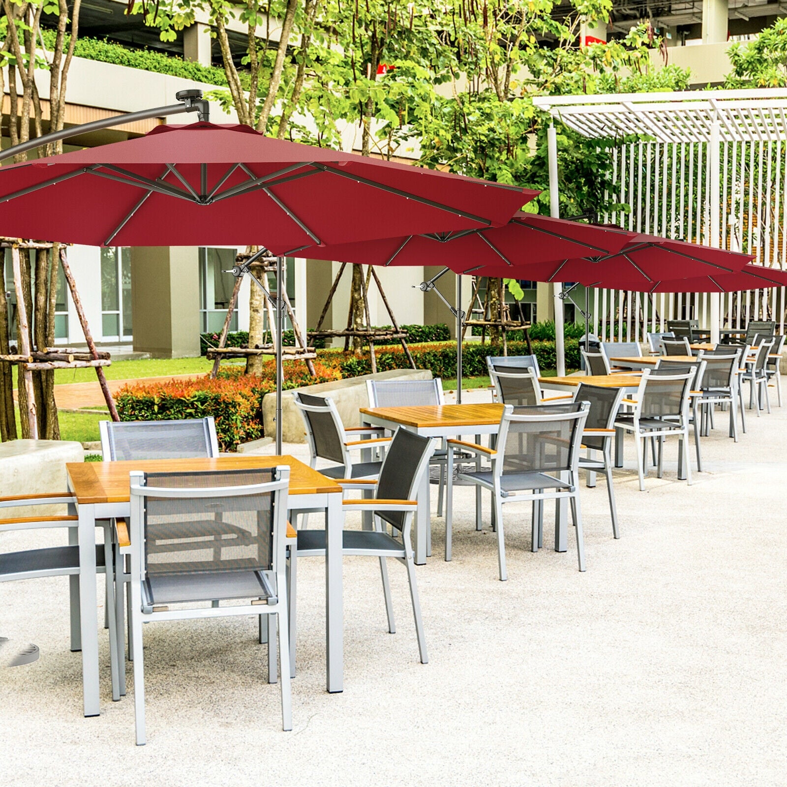 10 Feet Patio Hanging Solar LED Umbrella Sun Shade with Cross Base-BurgundyÂ