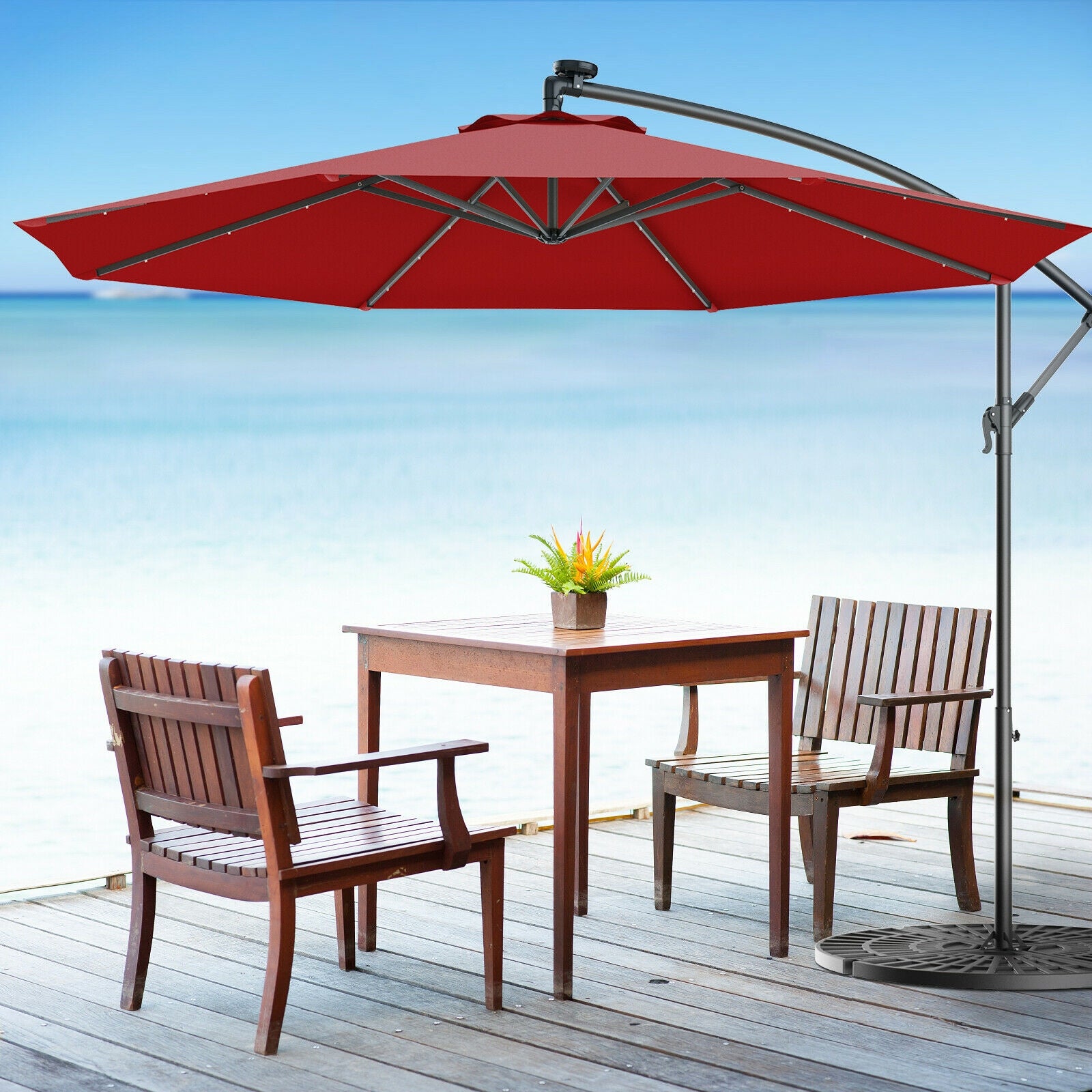10 Feet Patio Hanging Solar LED Umbrella Sun Shade with Cross Base-BurgundyÂ