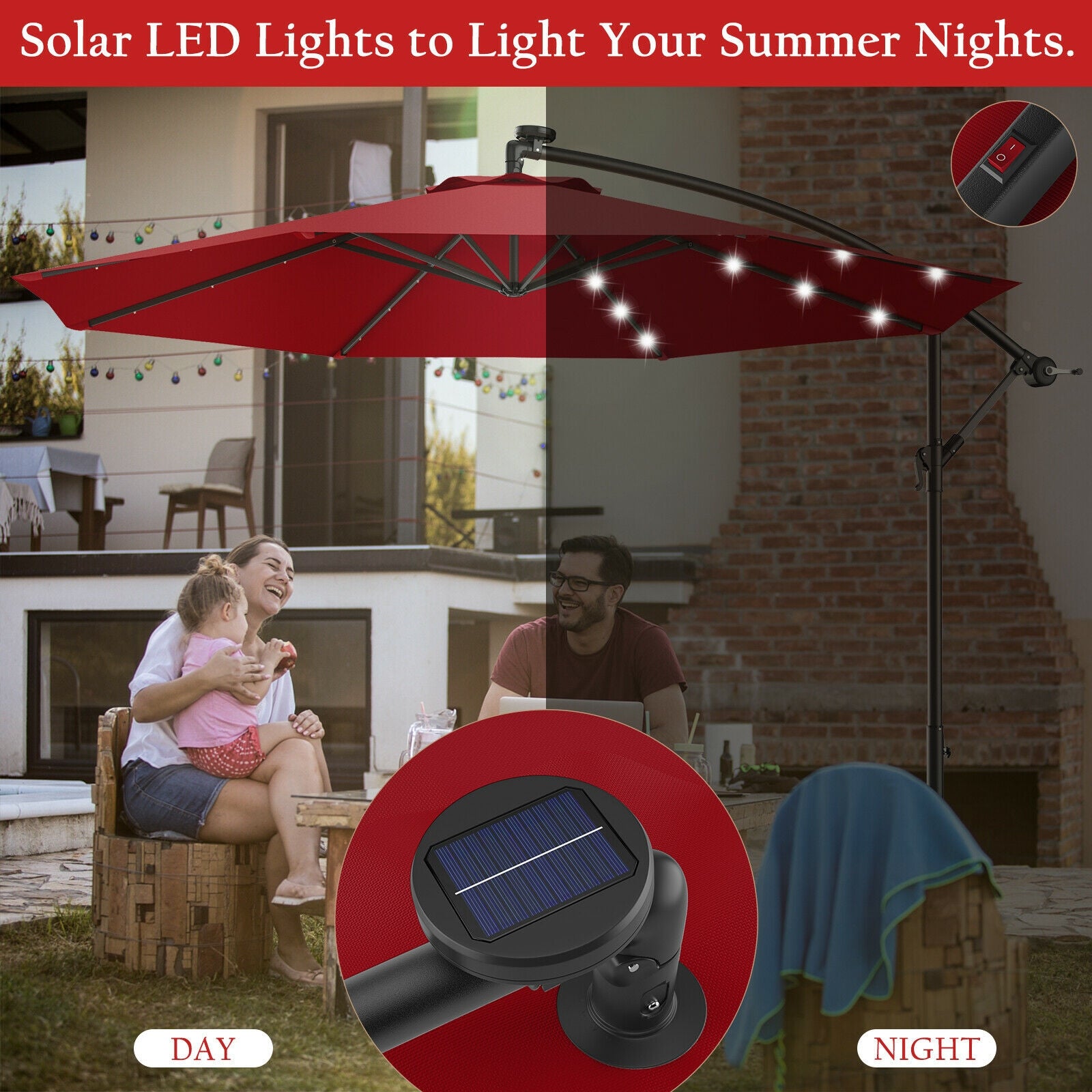 10 Feet Patio Hanging Solar LED Umbrella Sun Shade with Cross Base-BurgundyÂ
