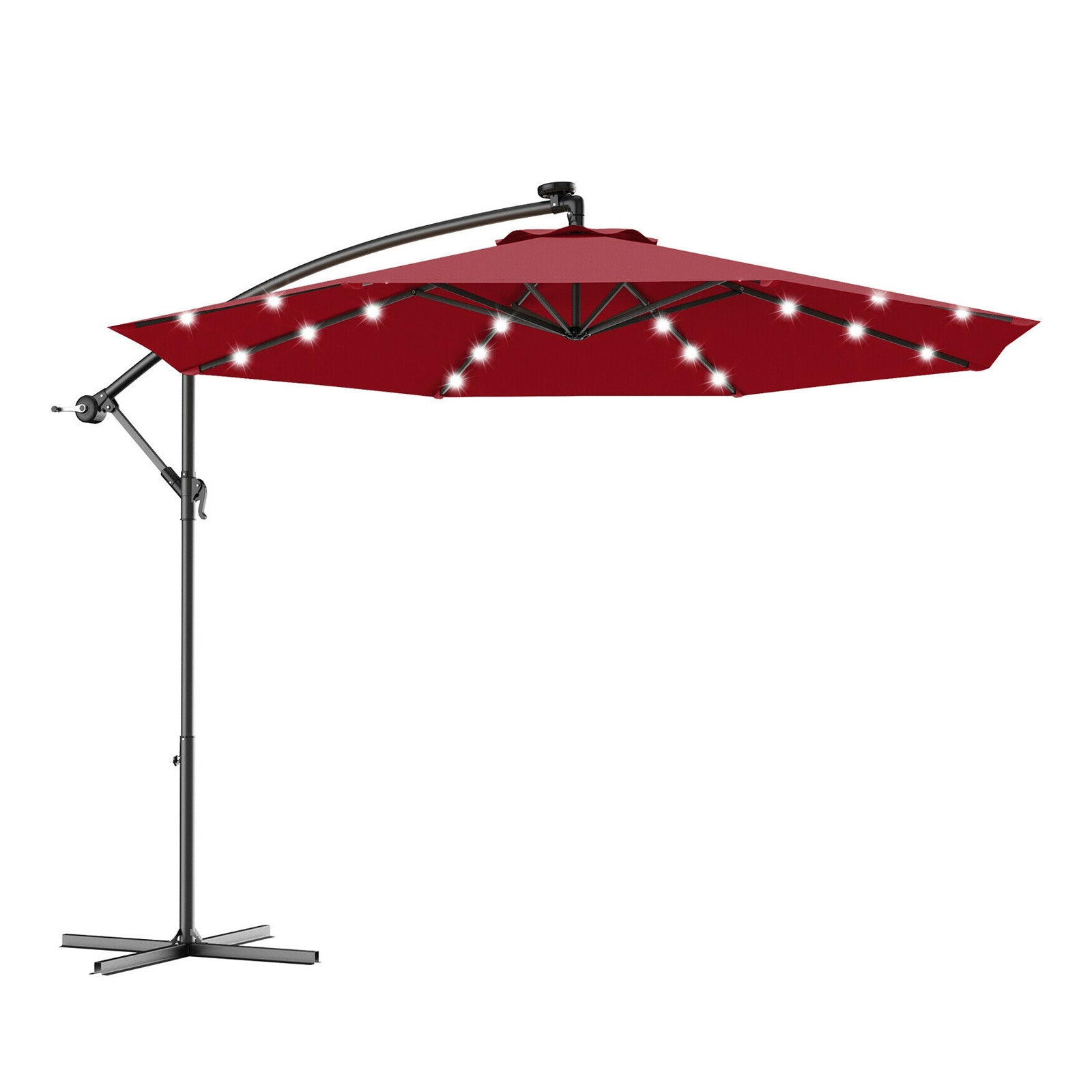 10 Feet Patio Hanging Solar LED Umbrella Sun Shade with Cross Base-BurgundyÂ