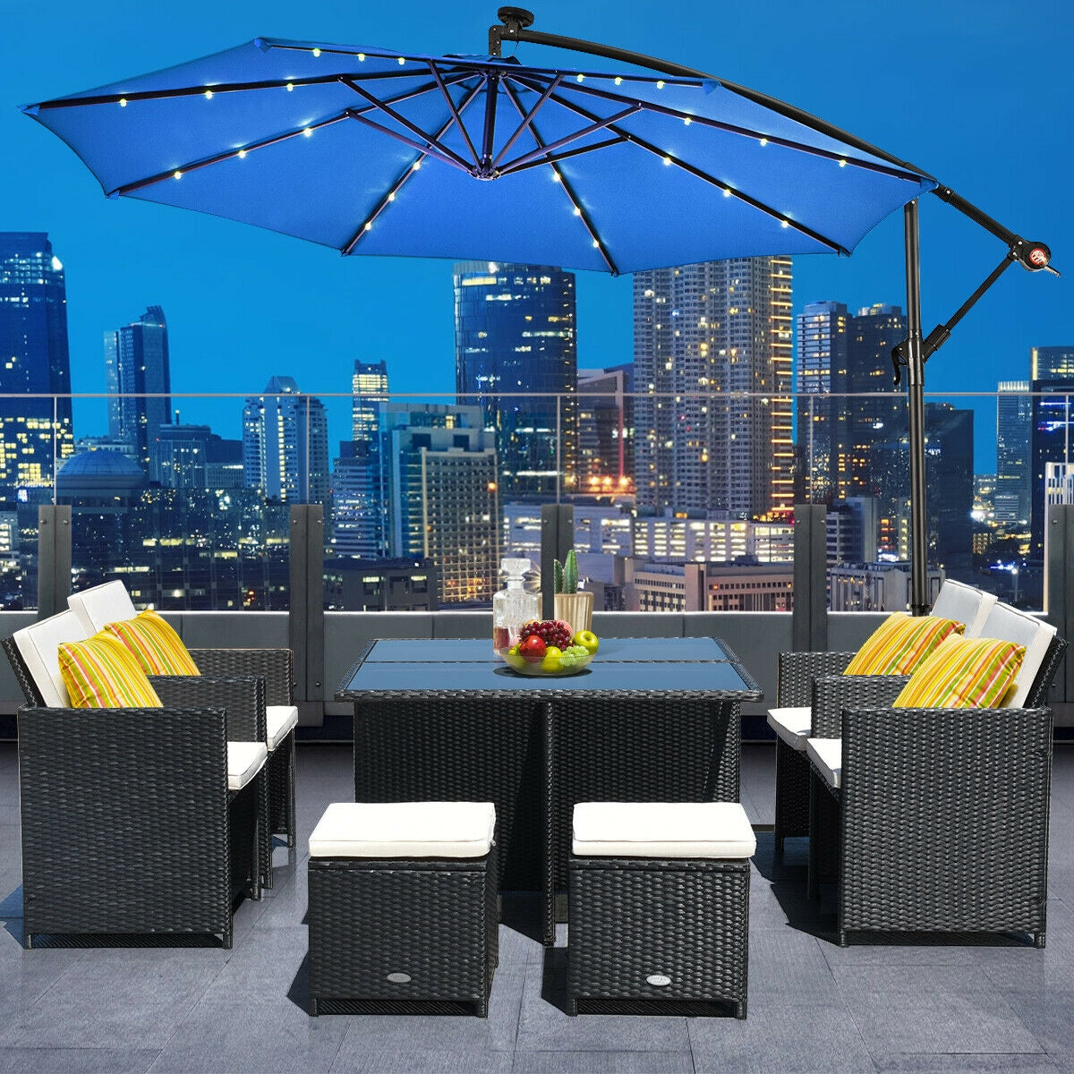 10" Patio Hanging Solar LED Umbrella Sun Shade with Cross Base-BlueÂ