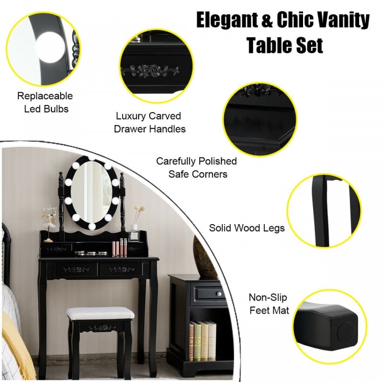 Makeup Dressing Table with Touch Switch Lighted Mirror and Cushioned Stool-Black