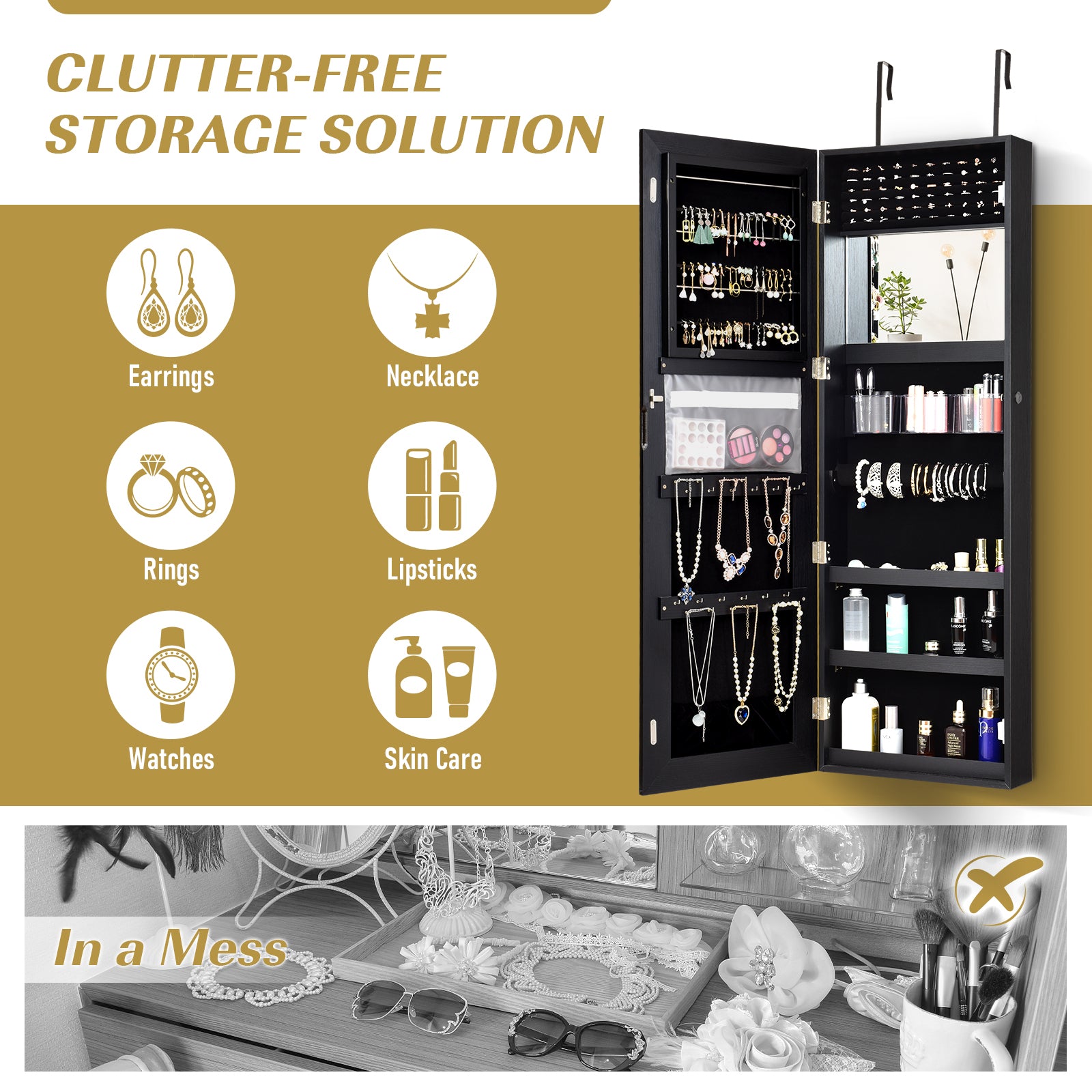 Lockable Storage Jewelry Cabinet  with Frameless Mirror-BlackÂ