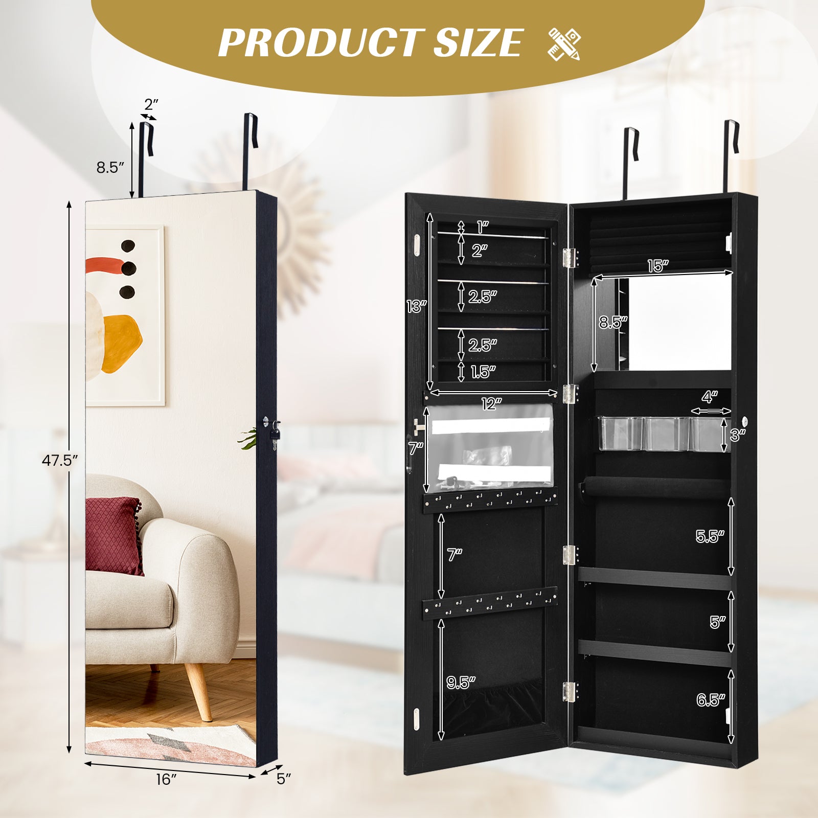 Lockable Storage Jewelry Cabinet  with Frameless Mirror-BlackÂ