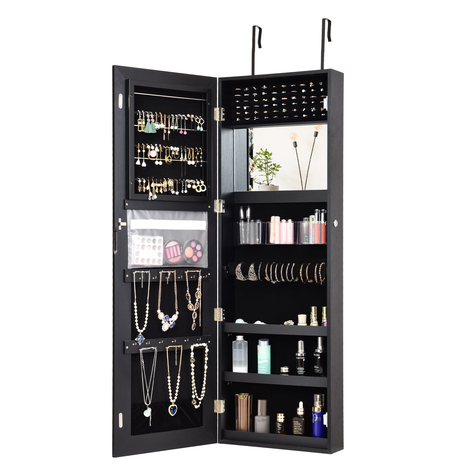 Lockable Storage Jewelry Cabinet  with Frameless Mirror-BlackÂ