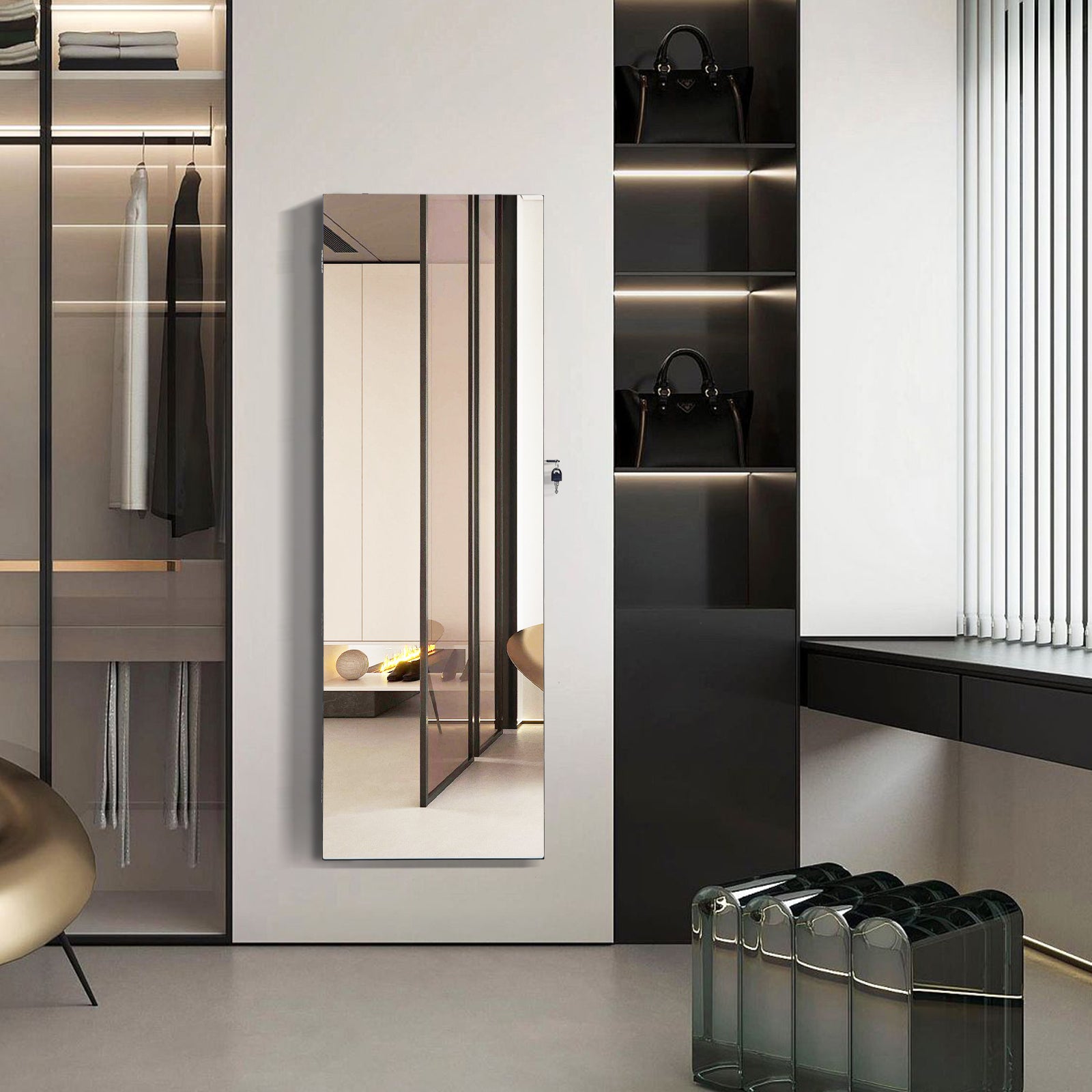 Lockable Storage Jewelry Cabinet  with Frameless Mirror-BlackÂ