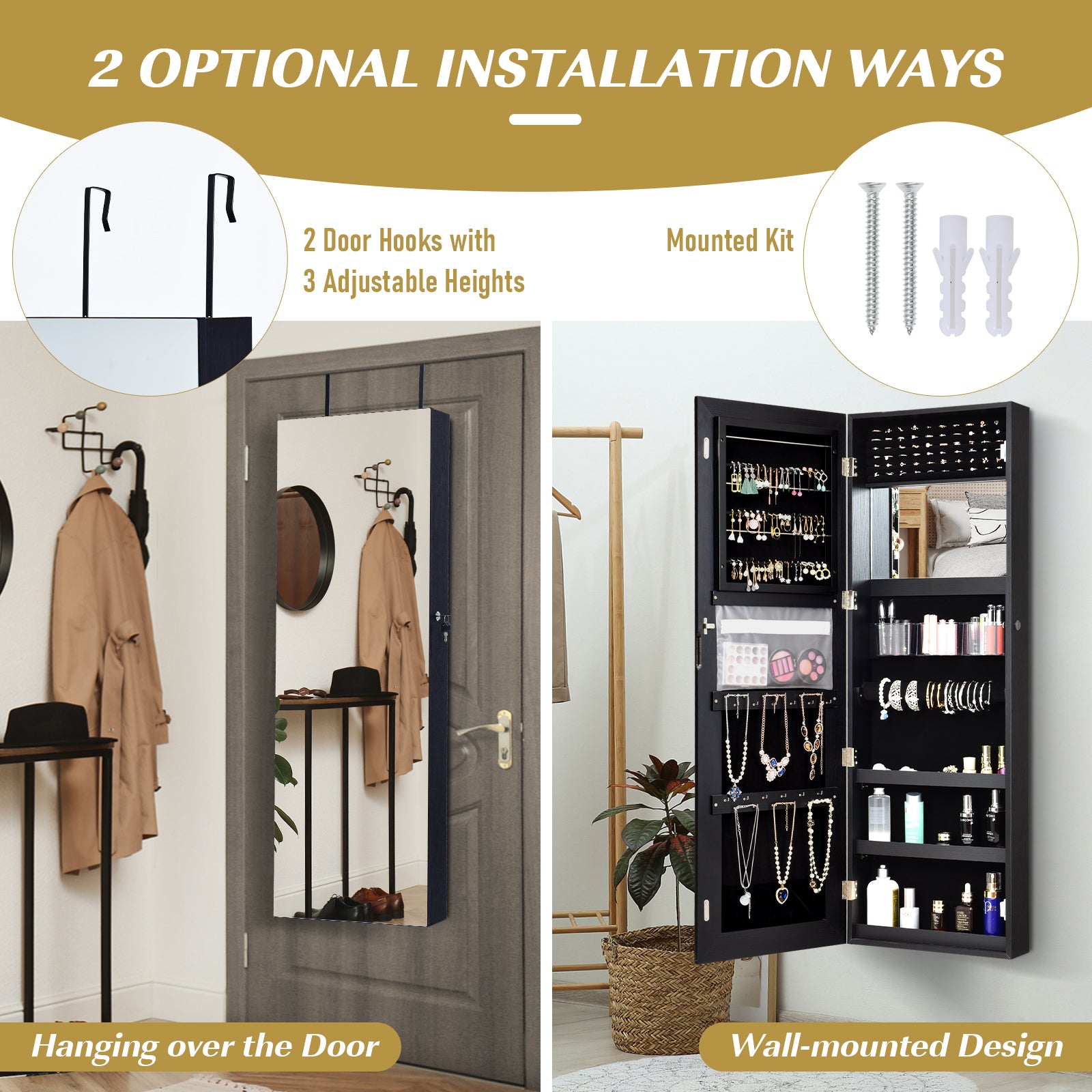 Lockable Storage Jewelry Cabinet  with Frameless Mirror-BlackÂ