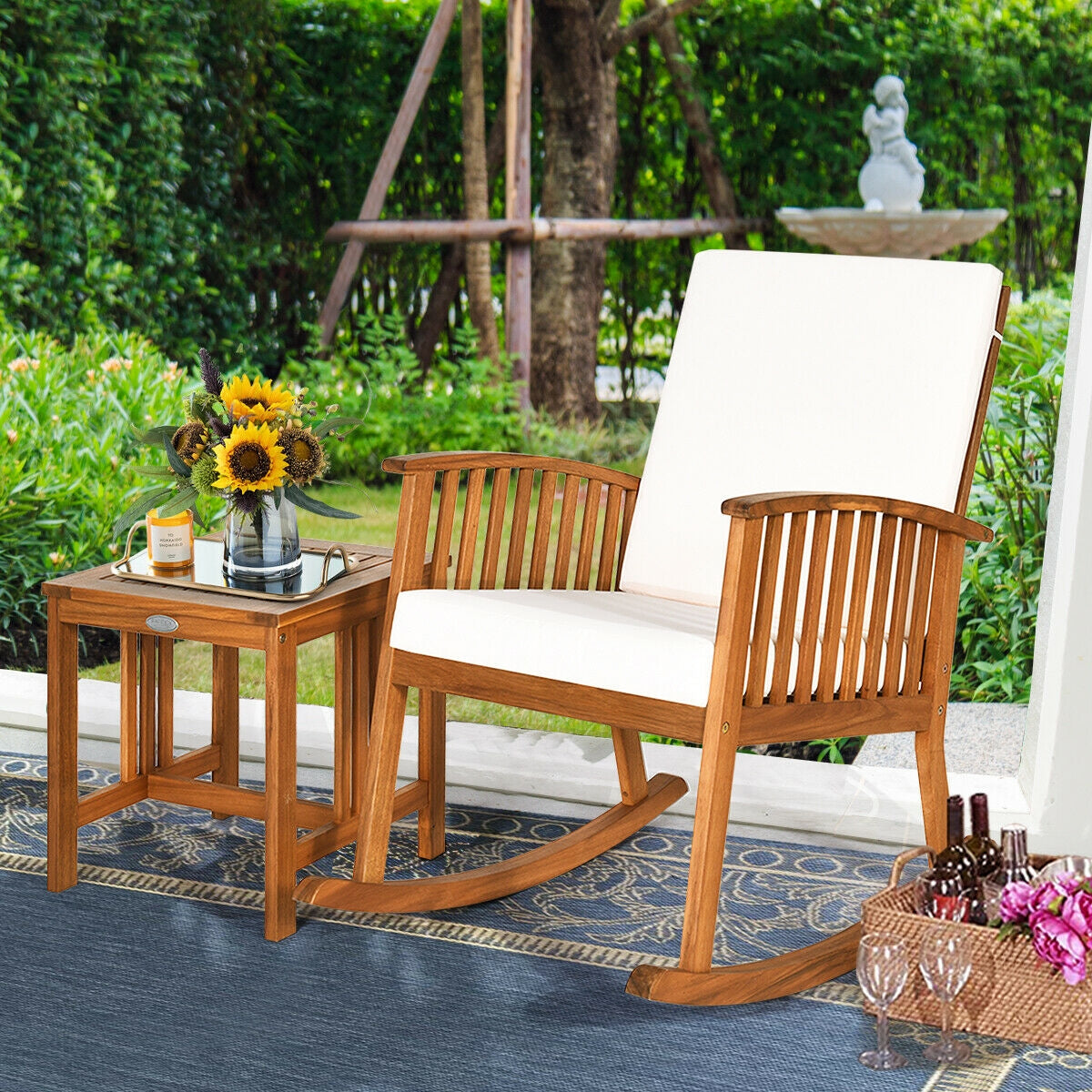 2 Pieces Acacia Wood Patio Rocking Chair Table SetÂ