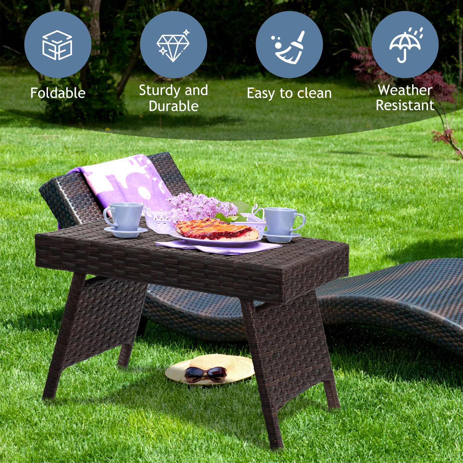 Folding PE Rattan Side Coffee Table Patio Garden Furniture-BrownÂ