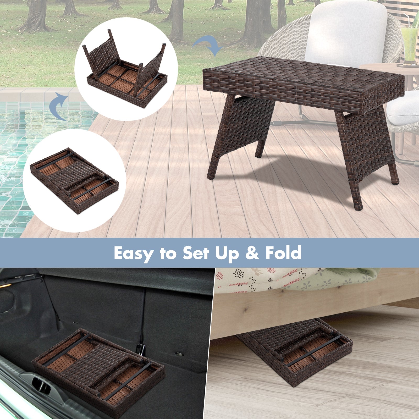 Folding PE Rattan Side Coffee Table Patio Garden Furniture-BrownÂ