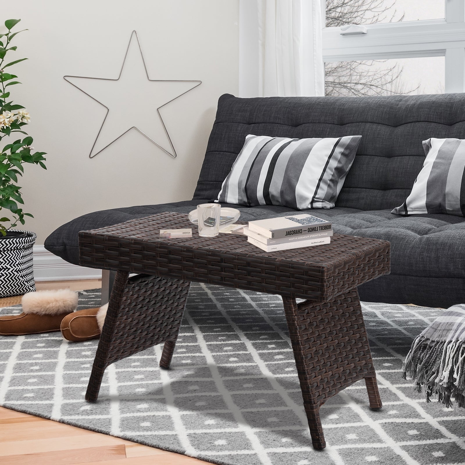 Folding PE Rattan Side Coffee Table Patio Garden Furniture-BrownÂ