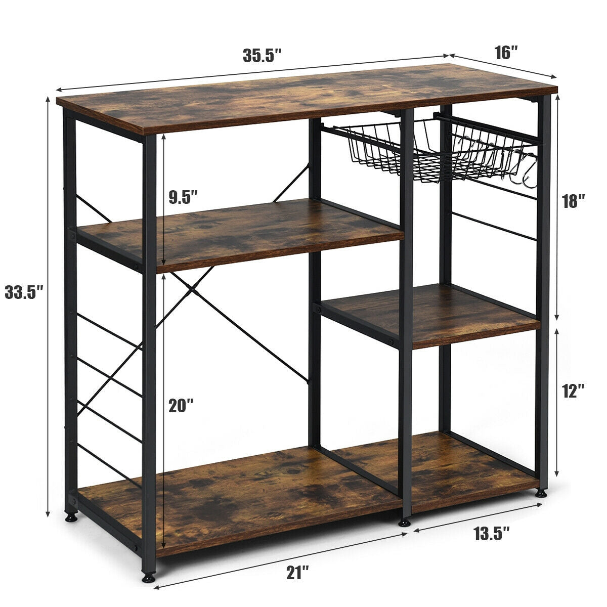 Industrial Kitchen Baker's Rack Microwave Shelf with 6 HooksÂ