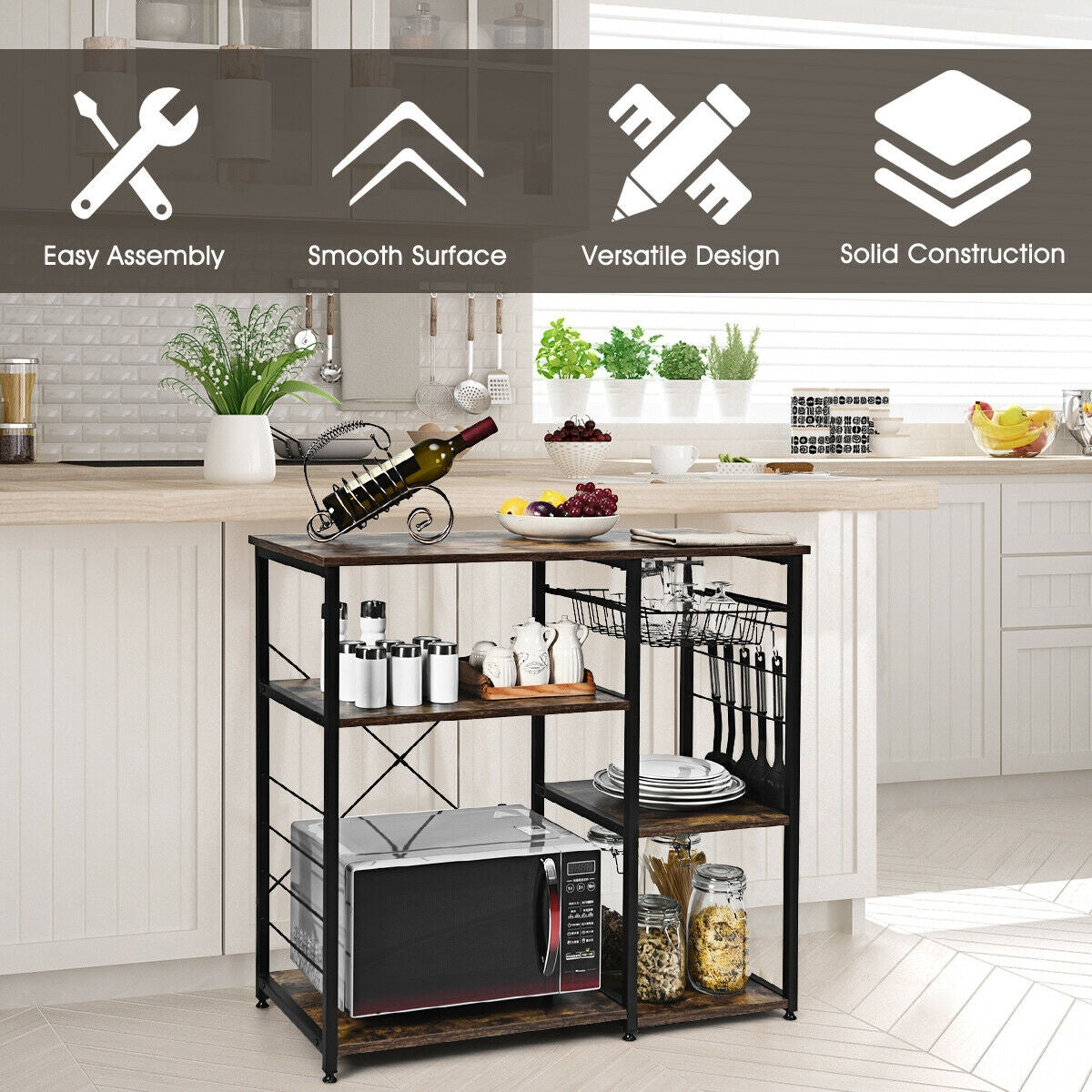 Industrial Kitchen Baker's Rack Microwave Shelf with 6 HooksÂ