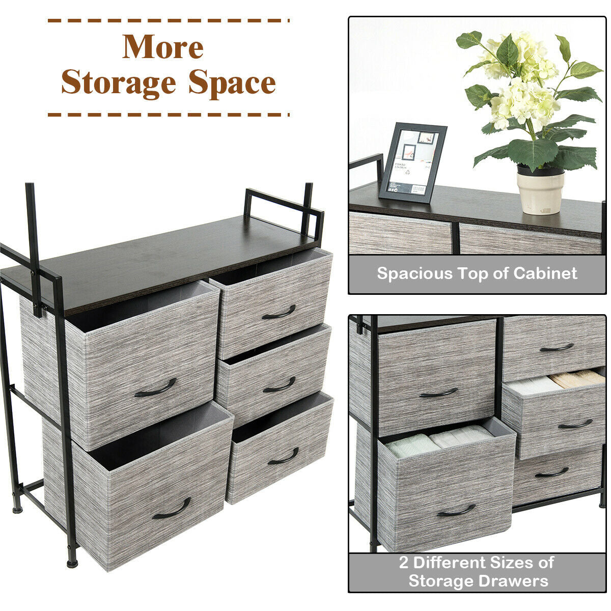 5 Fabric Drawers Dresser with Metal Frame and Wooden TopÂ