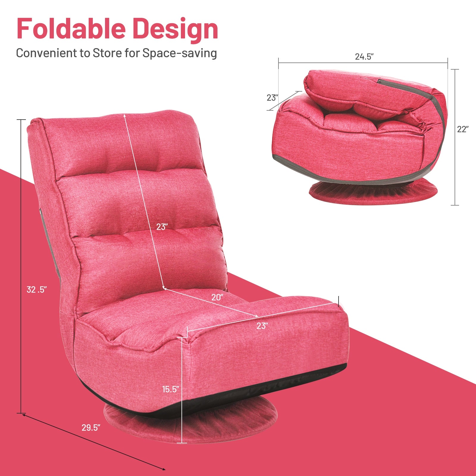 5-Position Folding Floor Gaming Chair with Tufted Back Support-PinkÂ