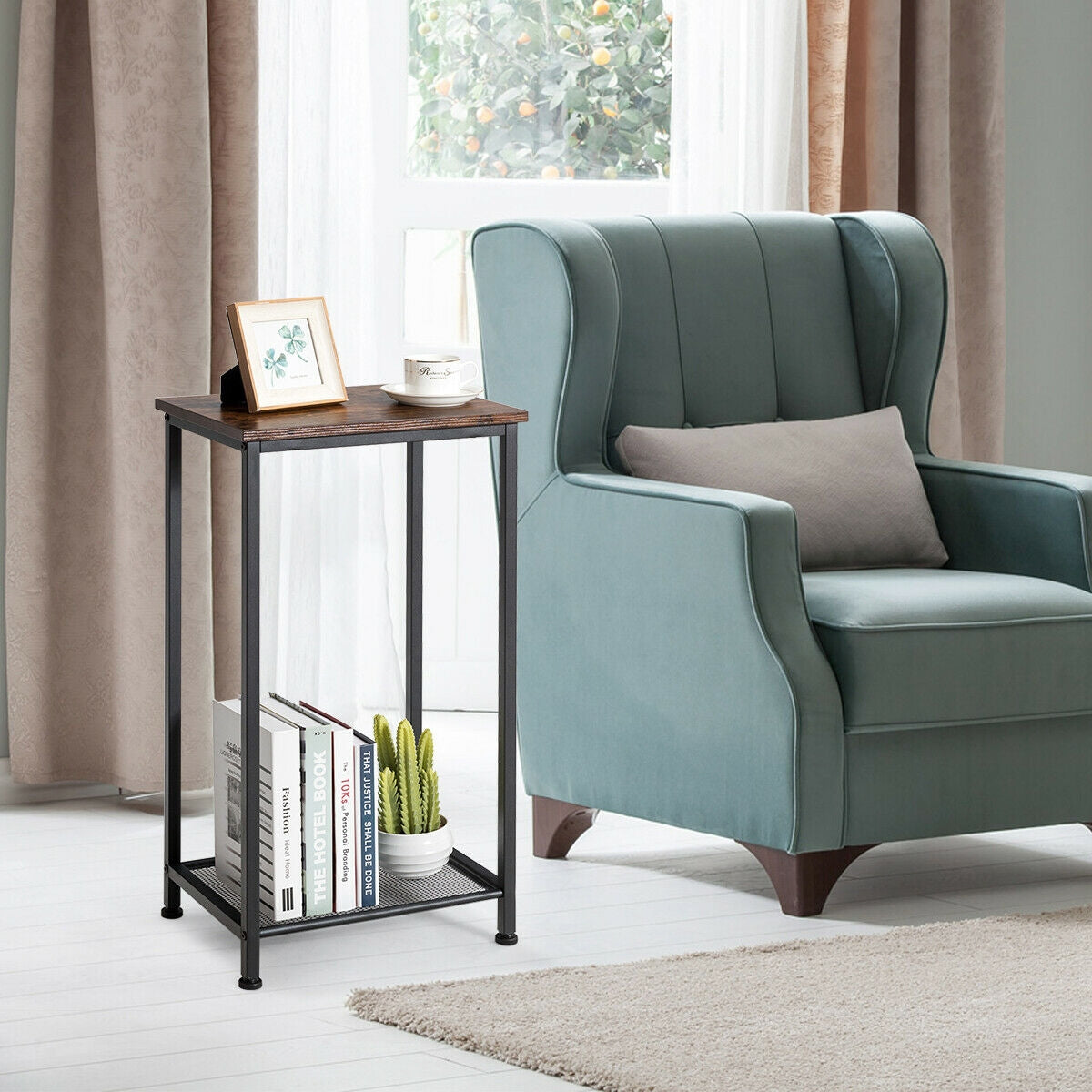 2-Tier Industrial End Table with Metal Mesh Storage ShelvesÂ