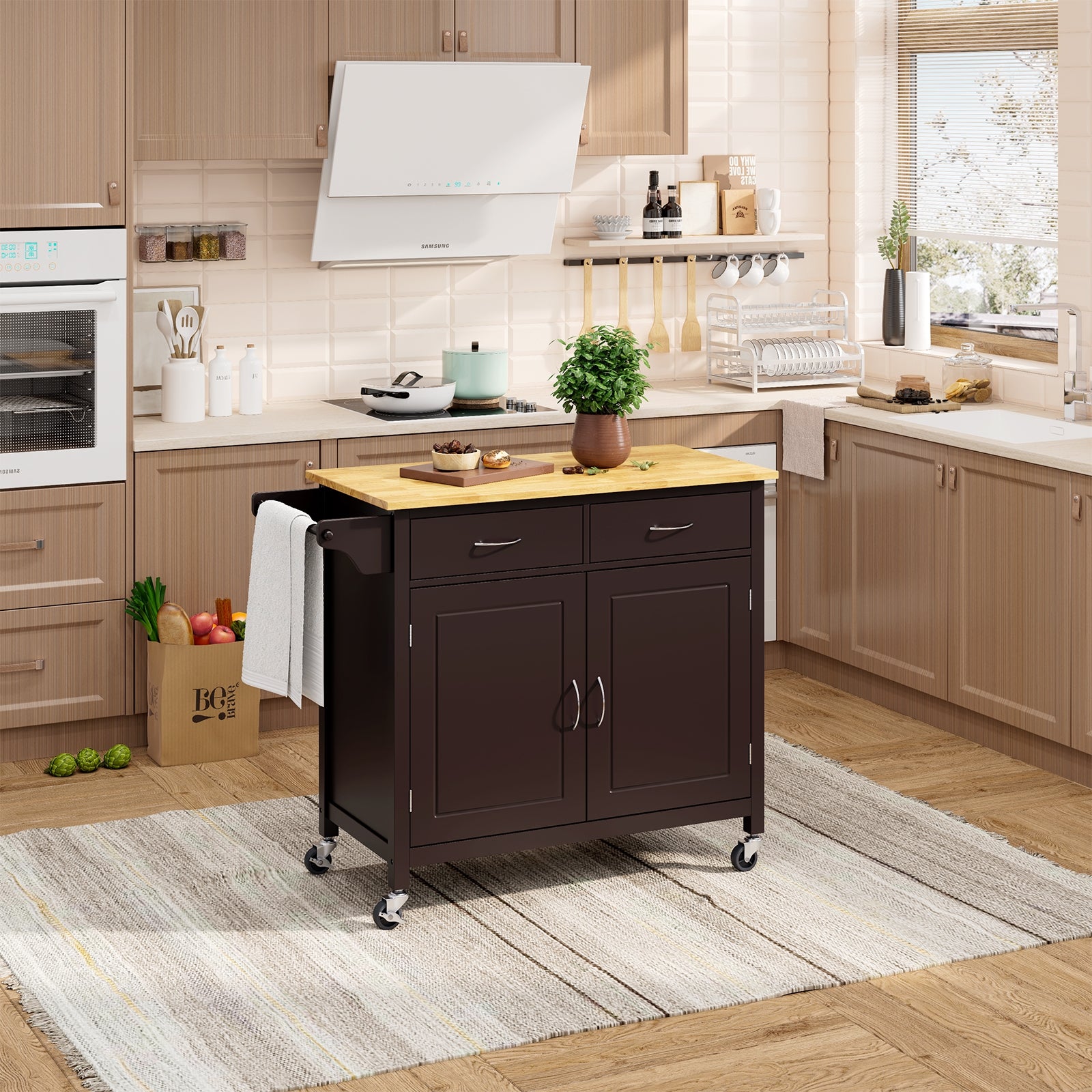 Modern Rolling Kitchen Cart Island with Wooden Top-BrownÂ