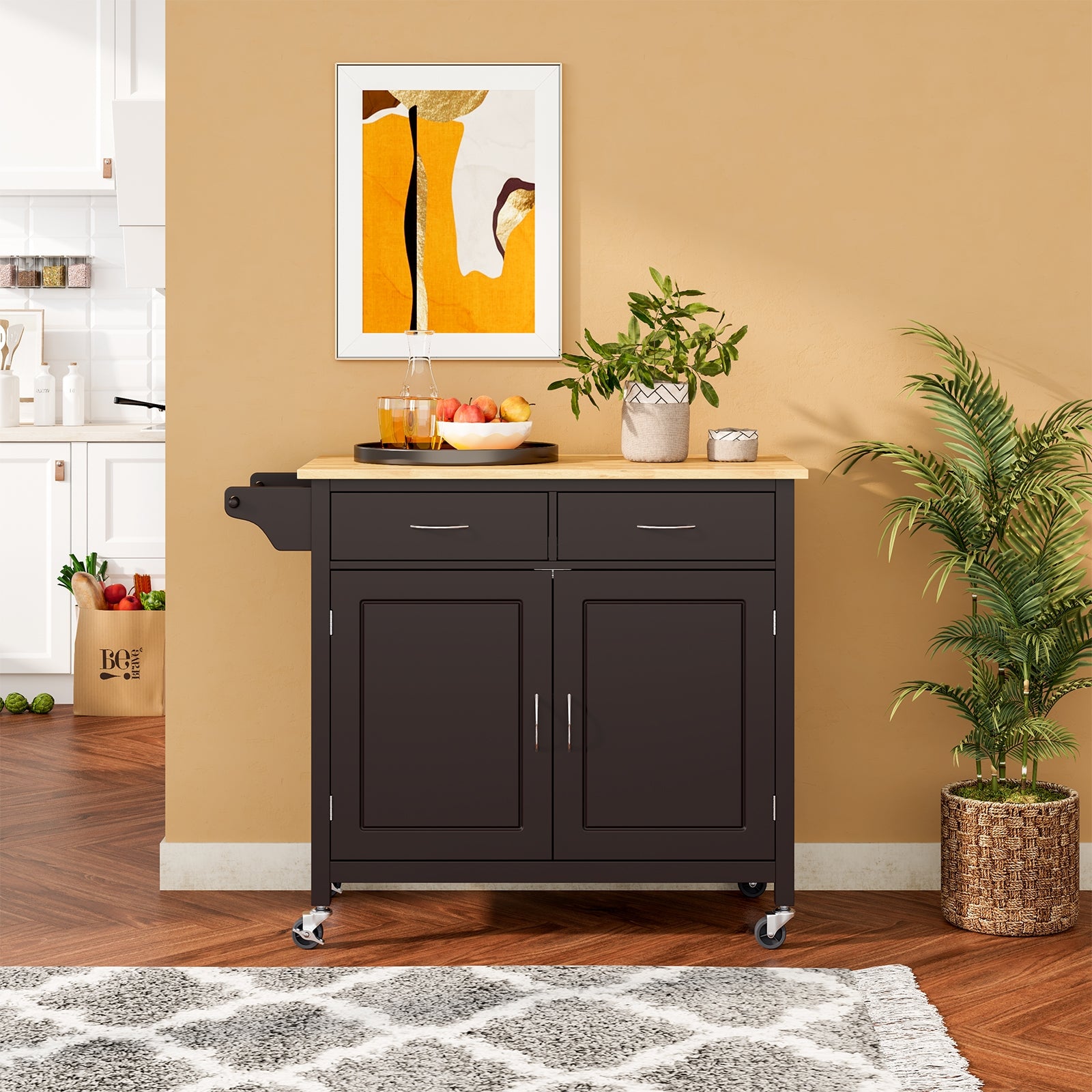 Modern Rolling Kitchen Cart Island with Wooden Top-BrownÂ