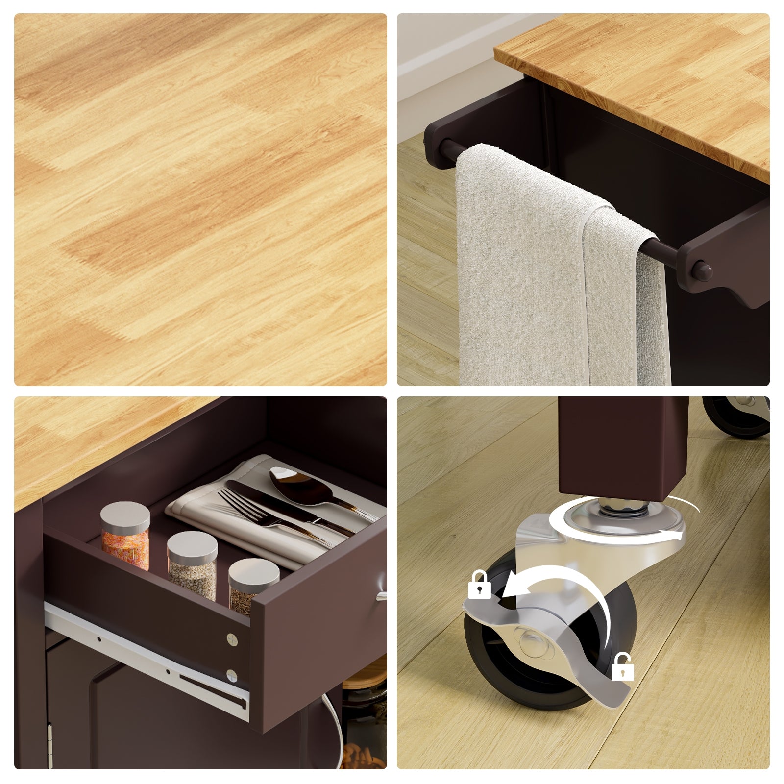 Modern Rolling Kitchen Cart Island with Wooden Top-BrownÂ