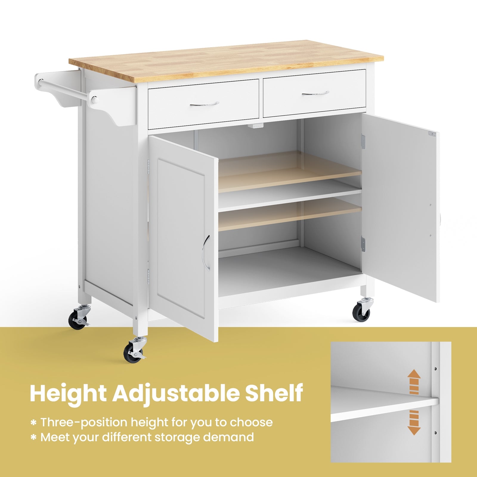 Modern Rolling Kitchen Cart Island with Wooden Top-WhiteÂ