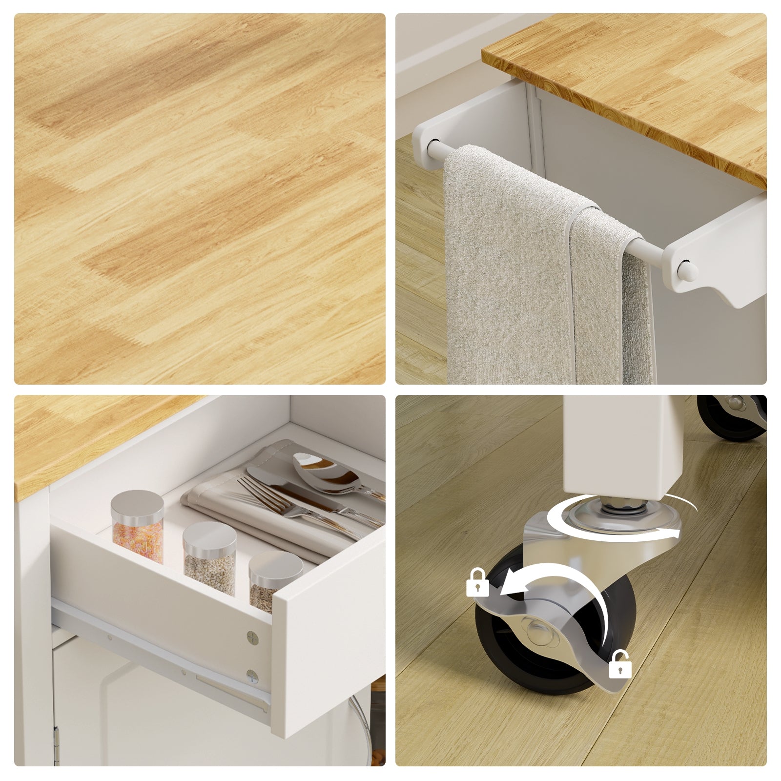 Modern Rolling Kitchen Cart Island with Wooden Top-WhiteÂ
