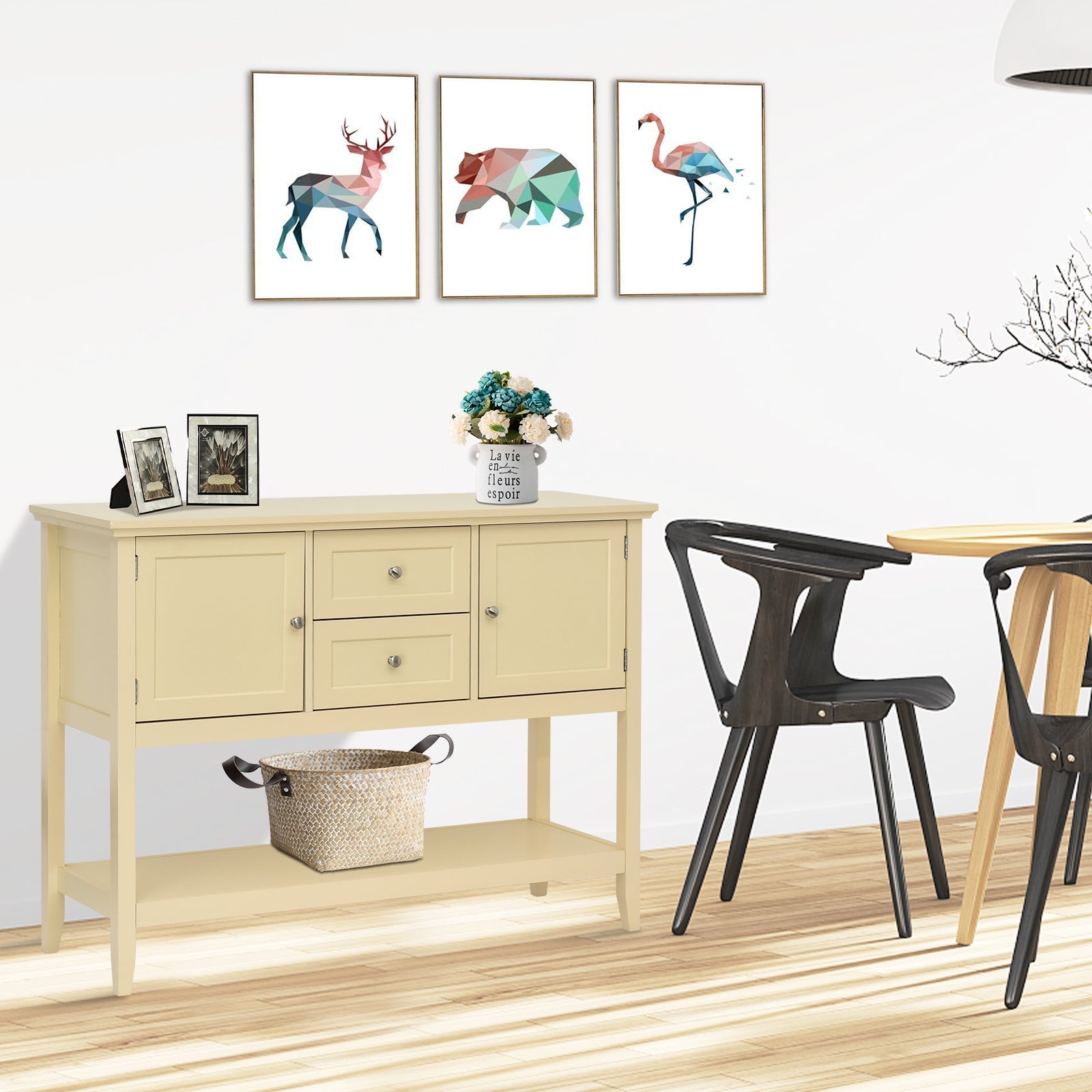 Wooden Sideboard Buffet Console Table with Drawers and Storage-BeigeÂ