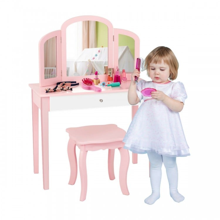 Kids Princess Make Up Dressing Table with Tri-folding Mirror and Chair-White