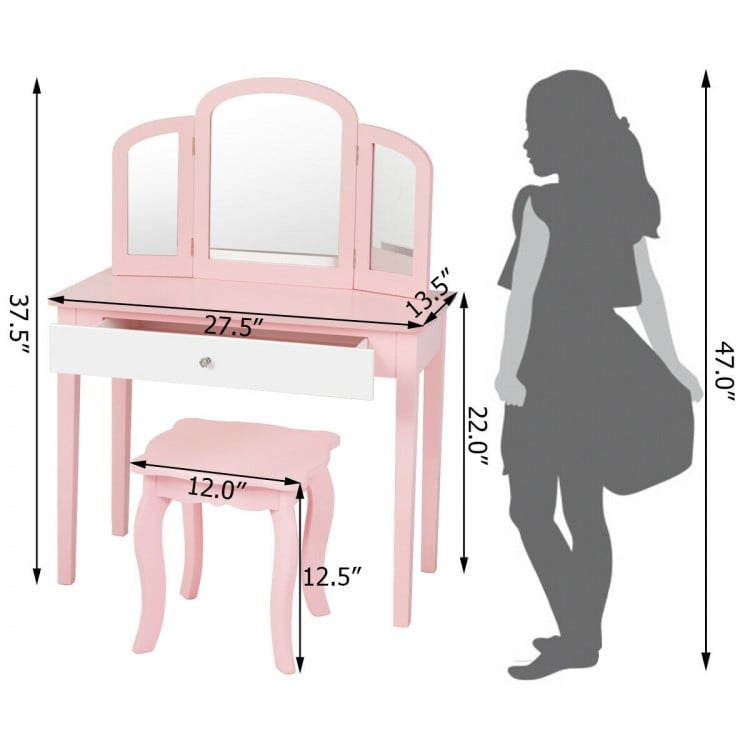 Kids Princess Make Up Dressing Table with Tri-folding Mirror and Chair-White