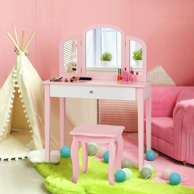 Kids Princess Make Up Dressing Table with Tri-folding Mirror and Chair-White