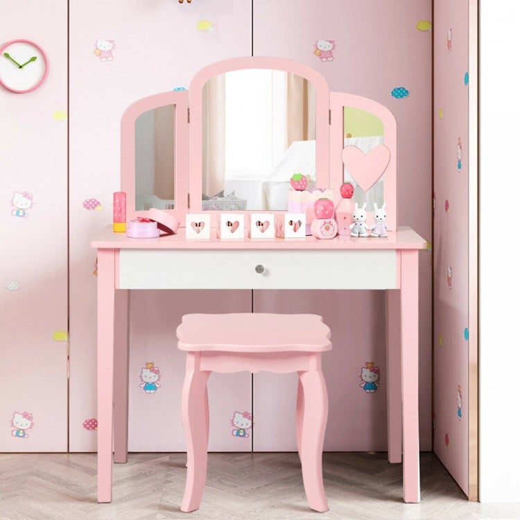 Kids Princess Make Up Dressing Table with Tri-folding Mirror and Chair-White
