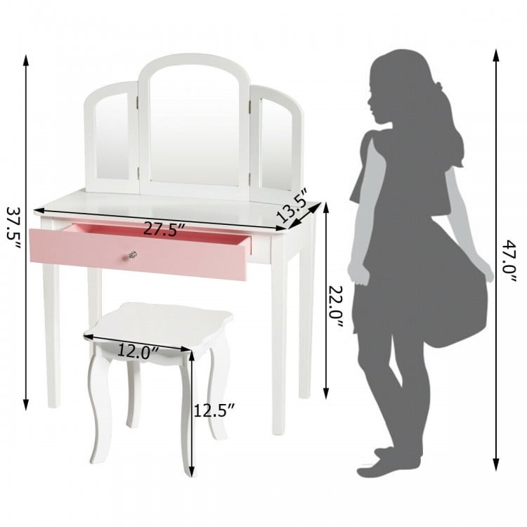 Kids Princess Make Up Dressing Table with Tri-folding Mirror and Chair-Pink