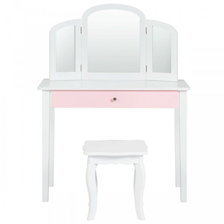 Kids Princess Make Up Dressing Table with Tri-folding Mirror and Chair-Pink