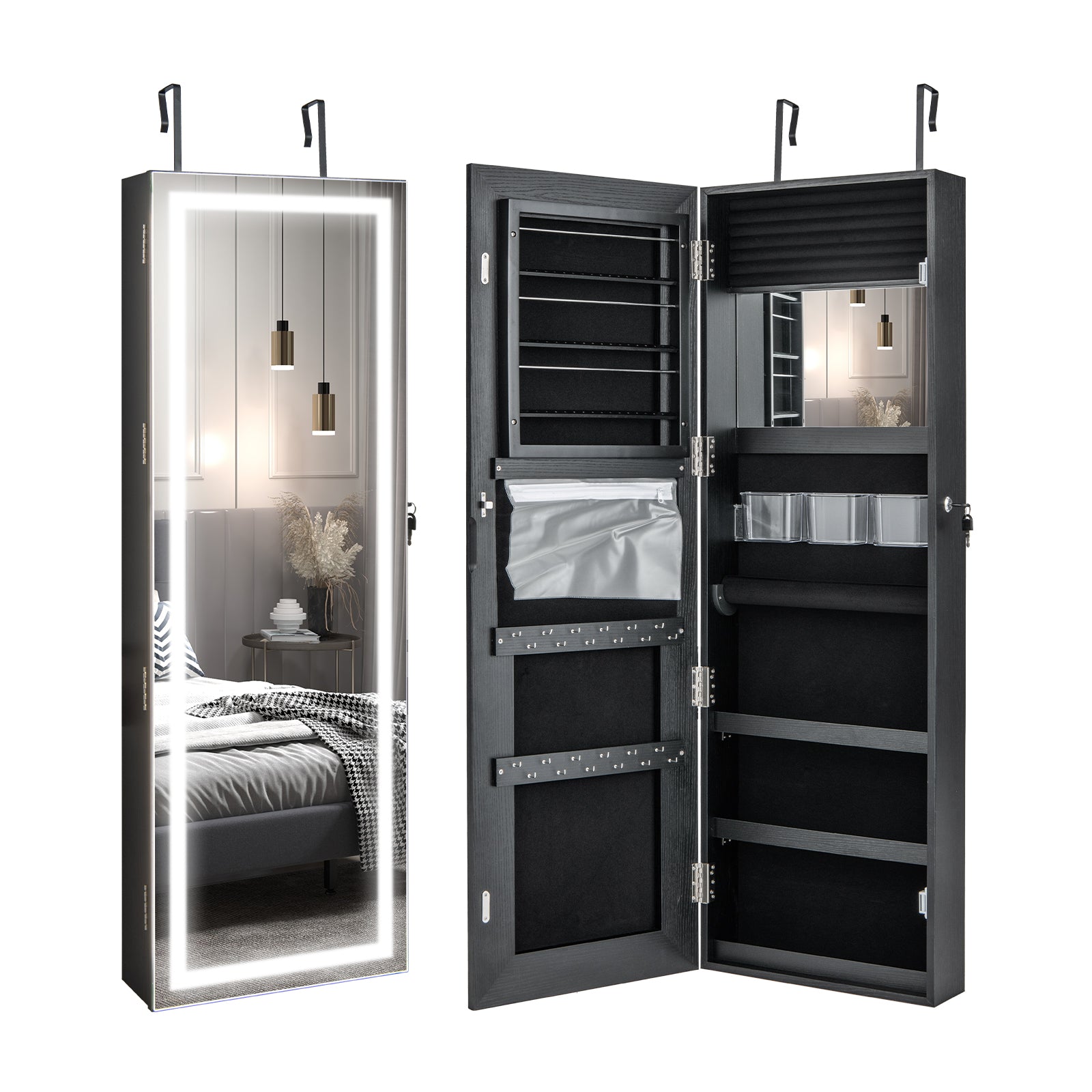 Door Wall Mount Touch Screen Mirrored Jewelry Cabinet-BlackÂ